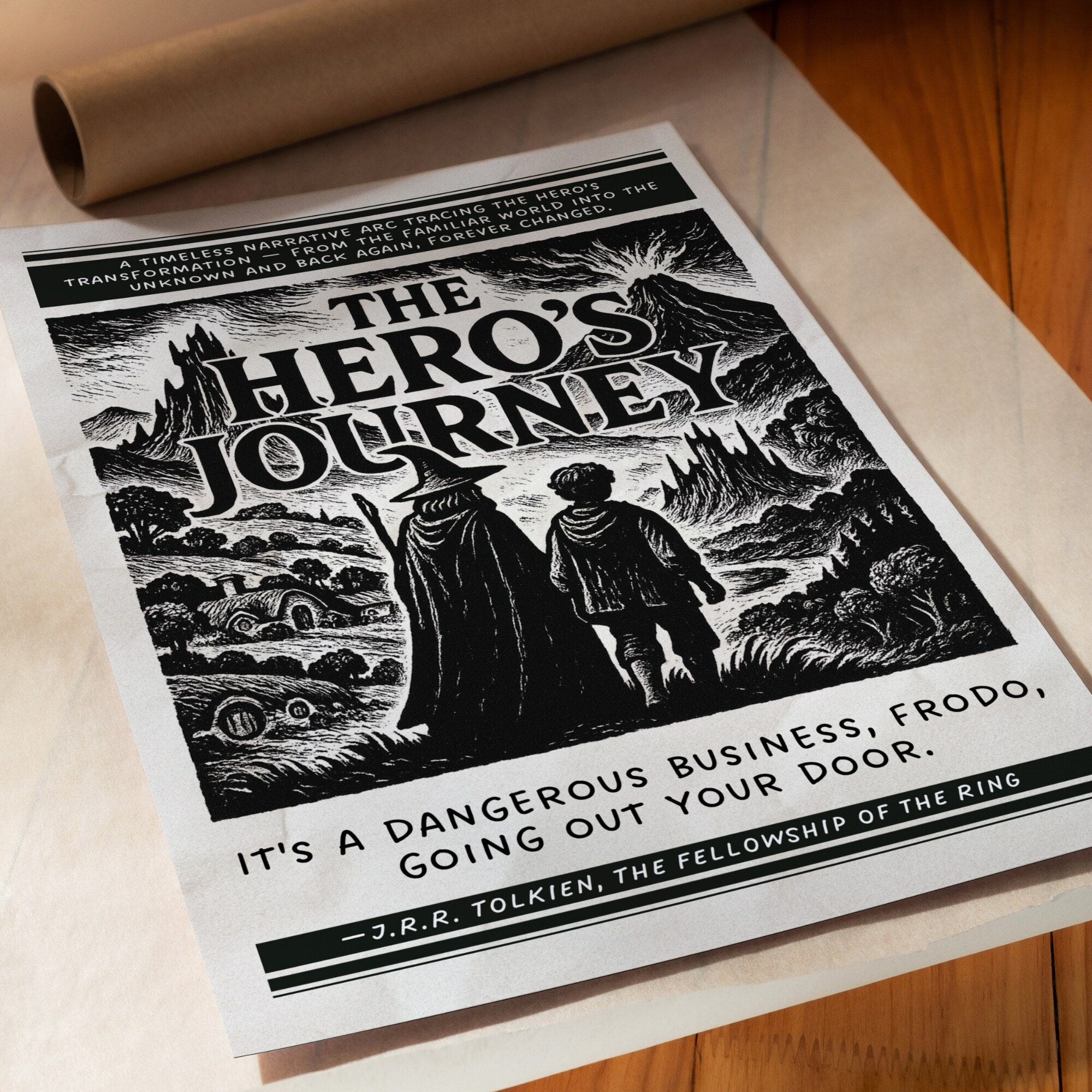 Printable Hero’s Journey poster set of 13 for English classroom decor, ELA literature lessons, homeschool spaces, libraries, and wall displays.