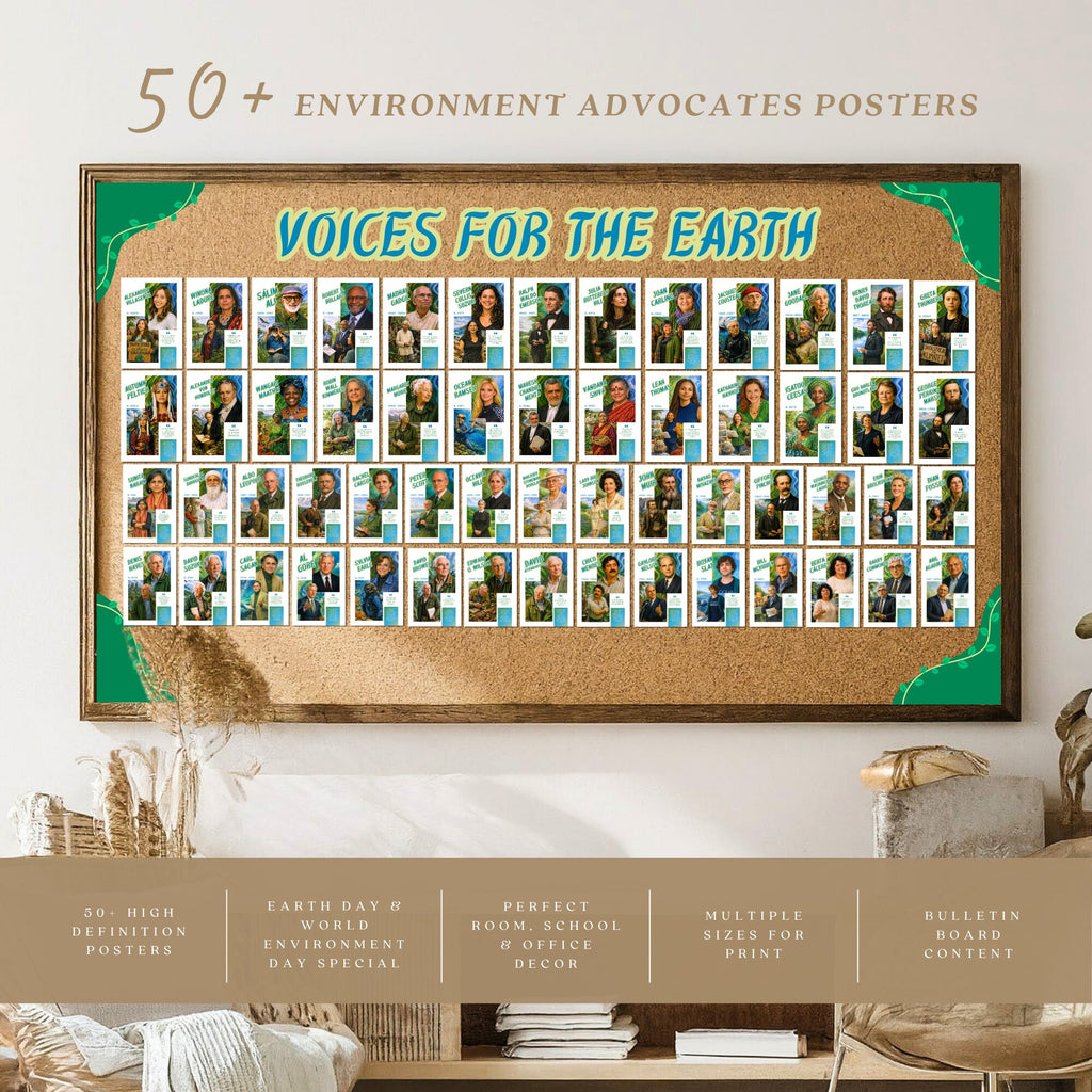 Printable environment advocates poster set of 50+ featuring awareness quotes for Earth Day, World Environment Day, classroom decor, and bulletin boards.
