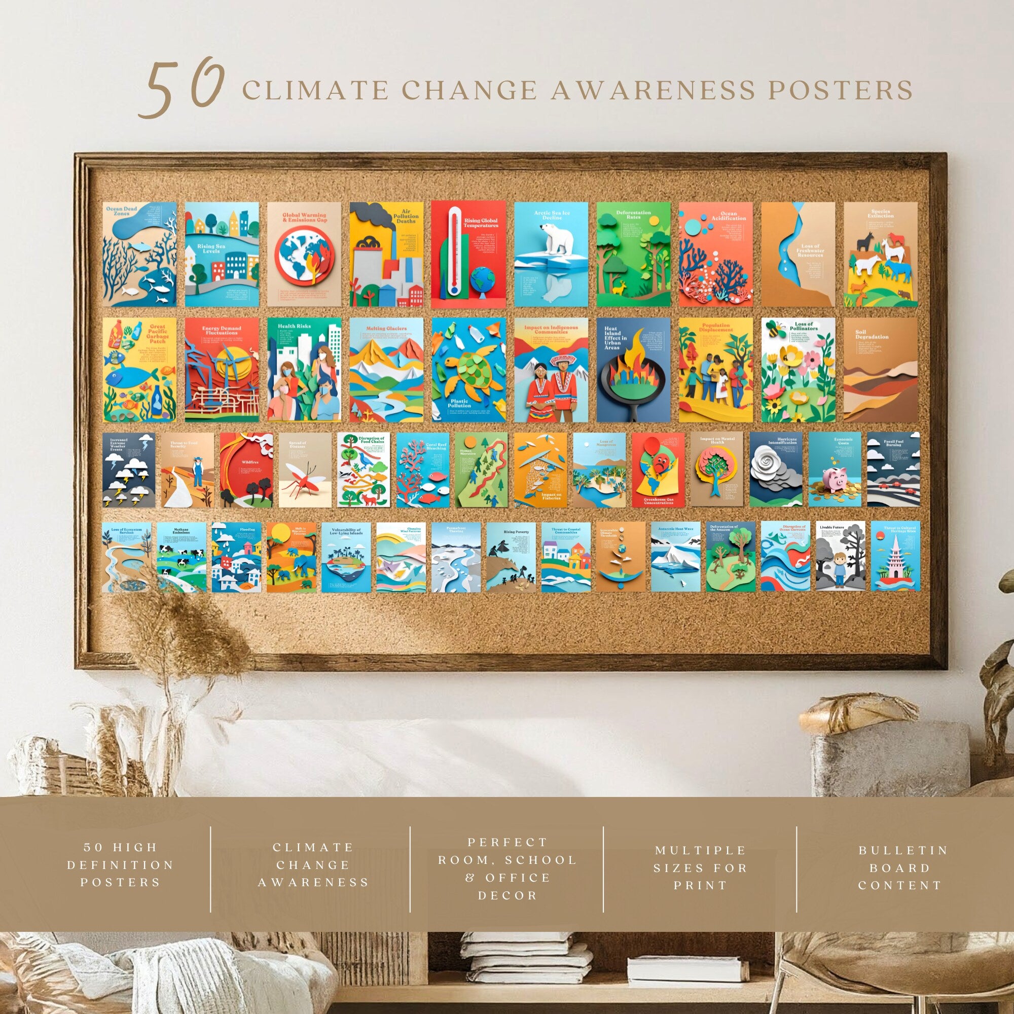 Printable Earth Day climate change poster set of 50 for environmental awareness, sustainability lessons, April bulletin boards, and classroom decor.