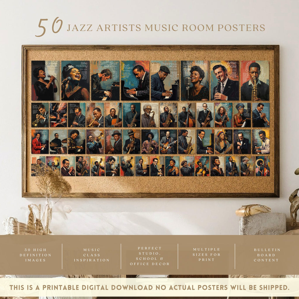 Printable jazz artists poster set of 50 for music classroom decor, music rooms, studio displays, gallery walls, and educational bulletin boards.