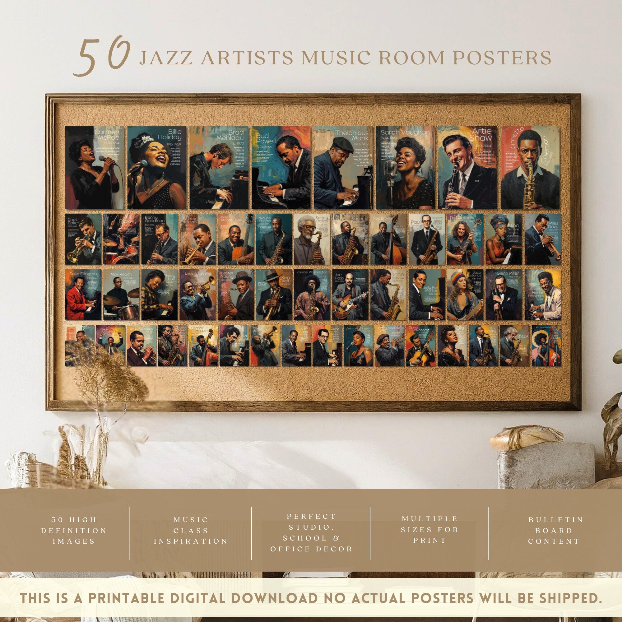 Printable jazz artists poster set of 50 for music classroom decor, music rooms, studio displays, gallery walls, and educational bulletin boards.