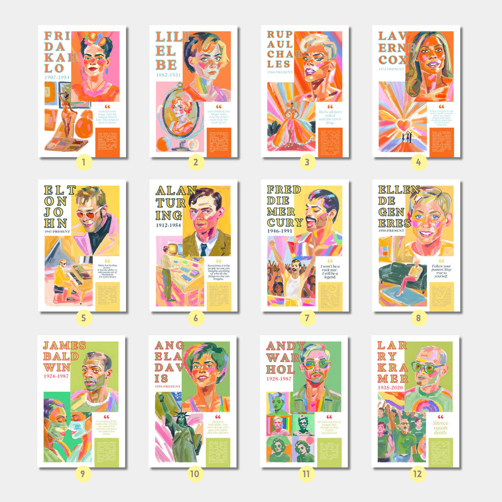 Printable Pride Month poster set of 25 featuring LGBT icons, LGBTQIA+ history, queer quotes, SOGIE displays, and rainbow minimalist decor.