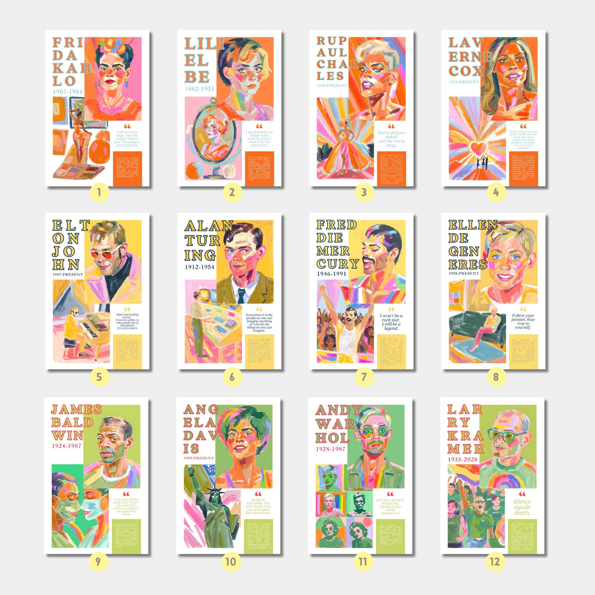 Printable Pride Month poster set of 25 featuring LGBT icons, LGBTQIA+ history, queer quotes, SOGIE displays, and rainbow minimalist decor.