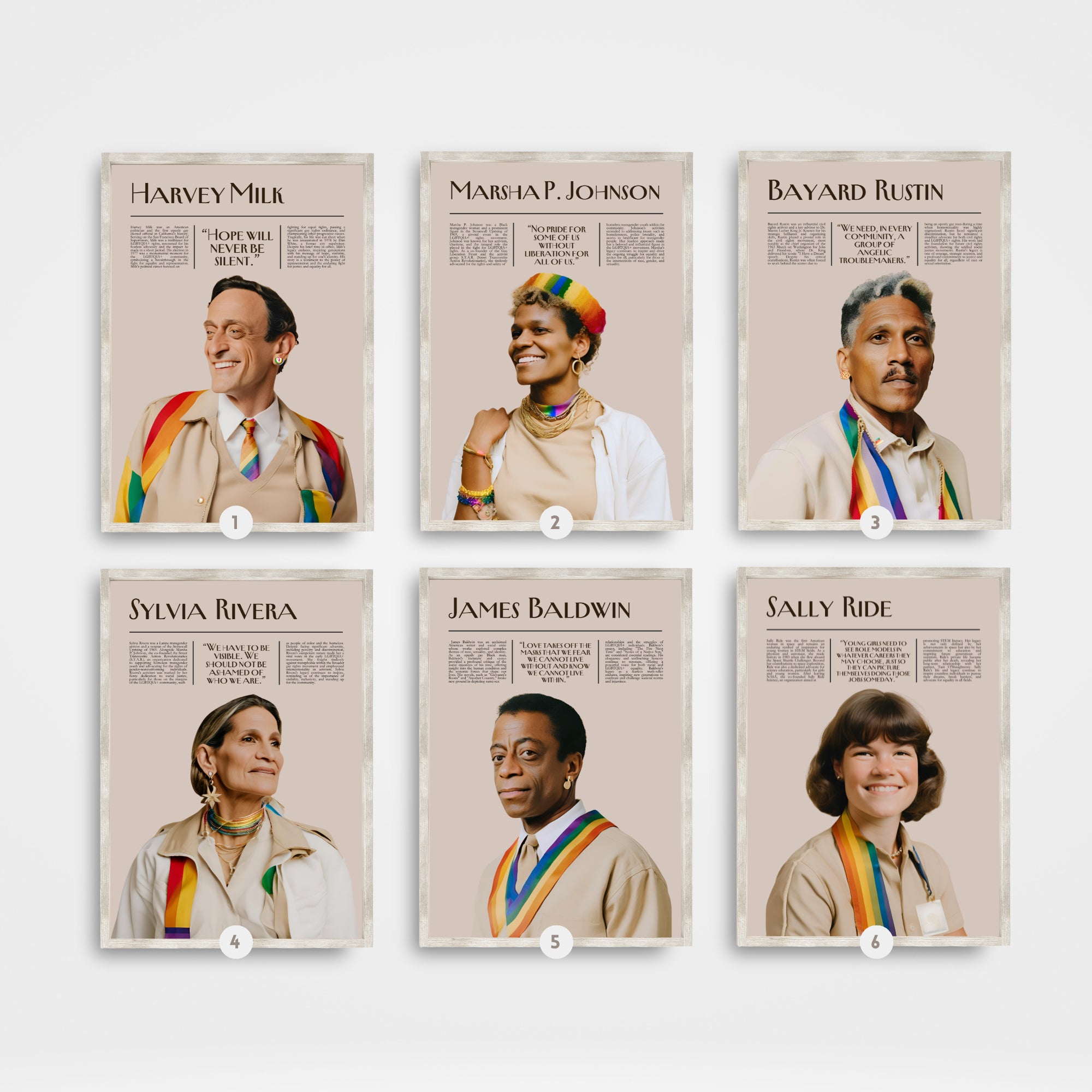 Printable Pride Month poster set of 25 featuring LGBT icons, LGBTQIA+ history, queer quotes, SOGIE displays, and inclusive classroom decor.