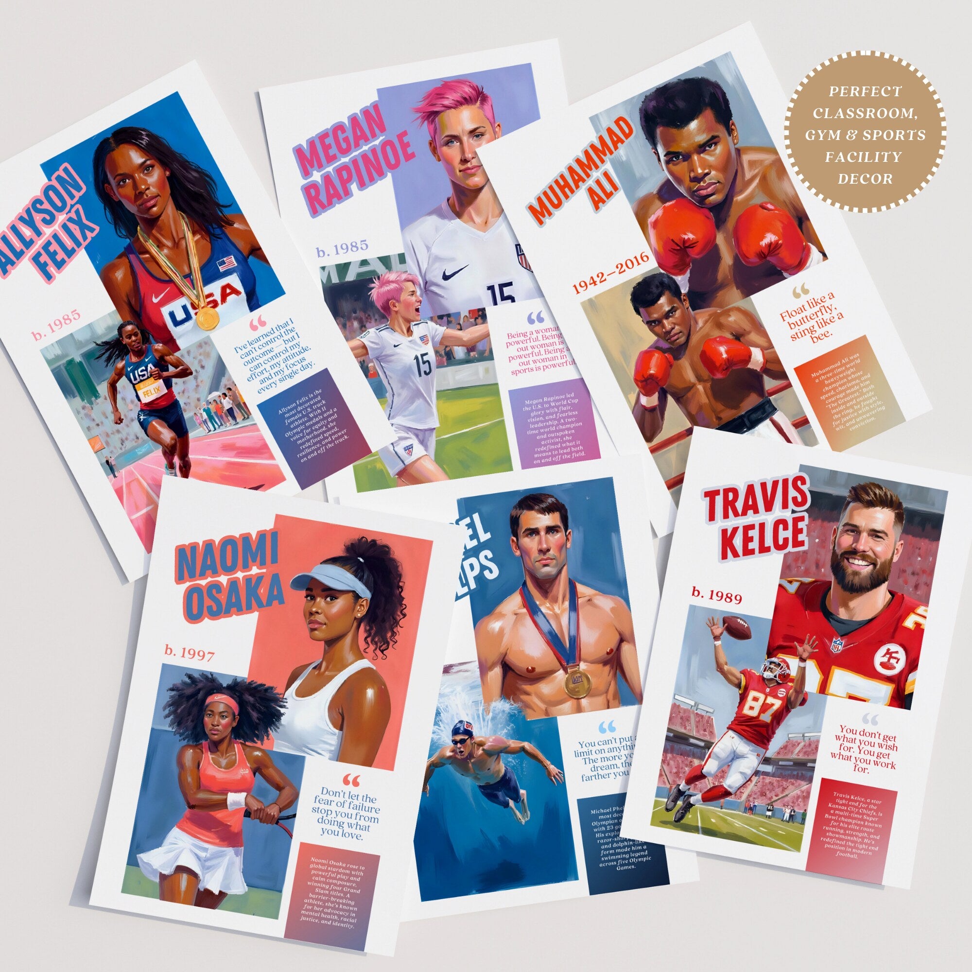 Printable famous athletes poster set of 100 featuring sports mindset quotes for PE classroom decor, gym walls, bulletin boards, and displays.