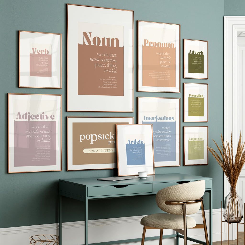 Printable parts of speech poster set of 9 for English grammar lessons, ELA classrooms, homeschool spaces, bulletin boards, and wall displays.