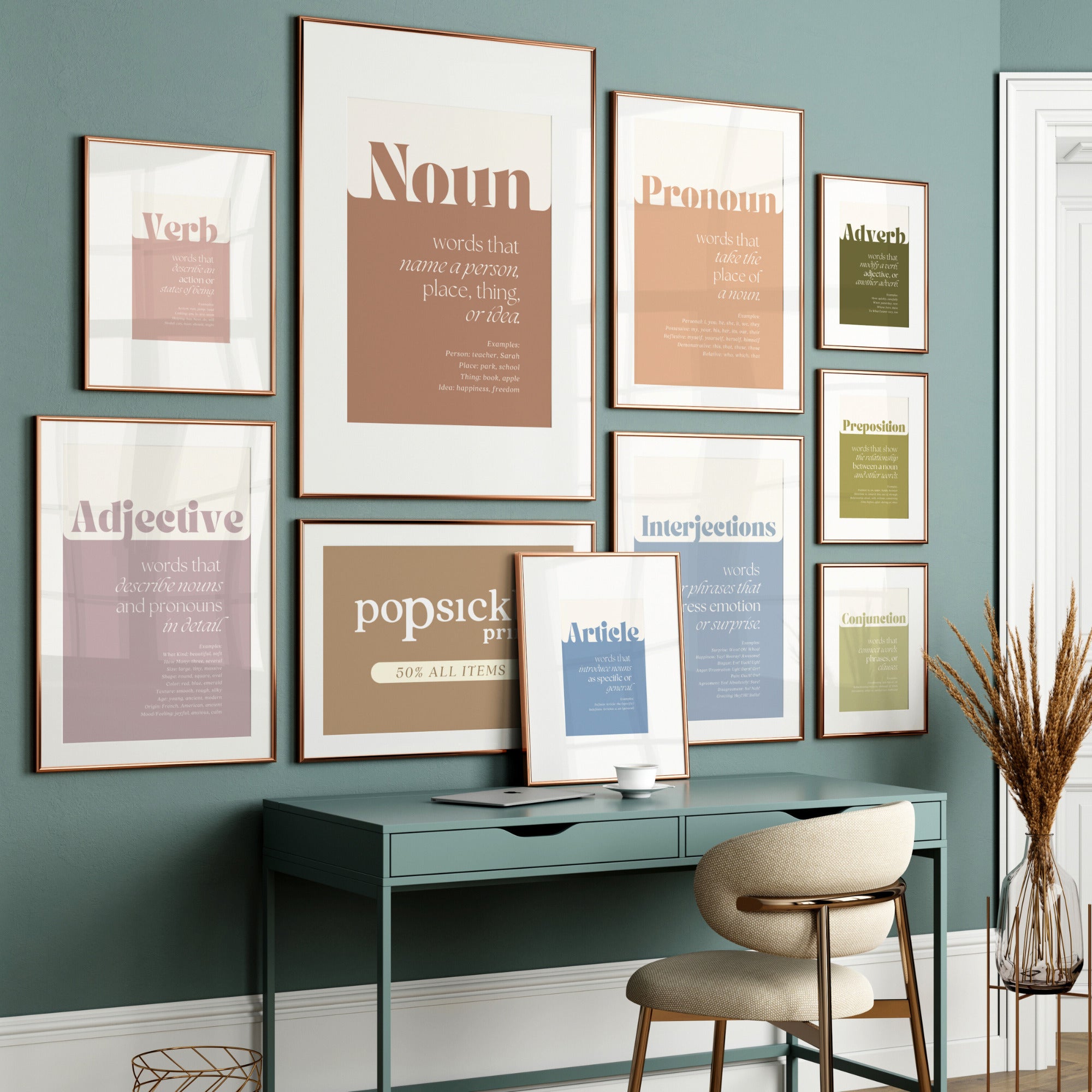 Printable parts of speech poster set of 9 for English grammar lessons, ELA classrooms, homeschool spaces, bulletin boards, and wall displays.