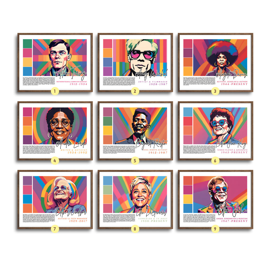 Printable Pride Month landscape poster set of 25 featuring LGBTQIA+ icons, LGBT History Month, SOGIE displays, and inclusive classroom decor.