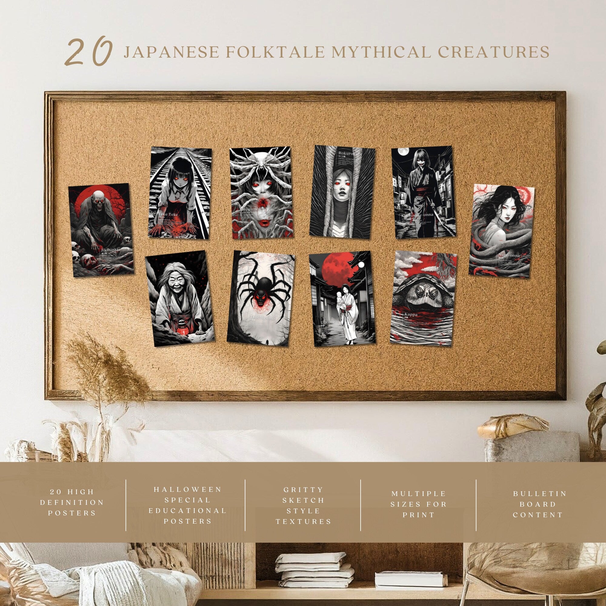Printable Japanese mythological creatures poster set of 20 for Halloween decor, Japan horror wall art, dark fall displays, and spooky gothic gallery walls.