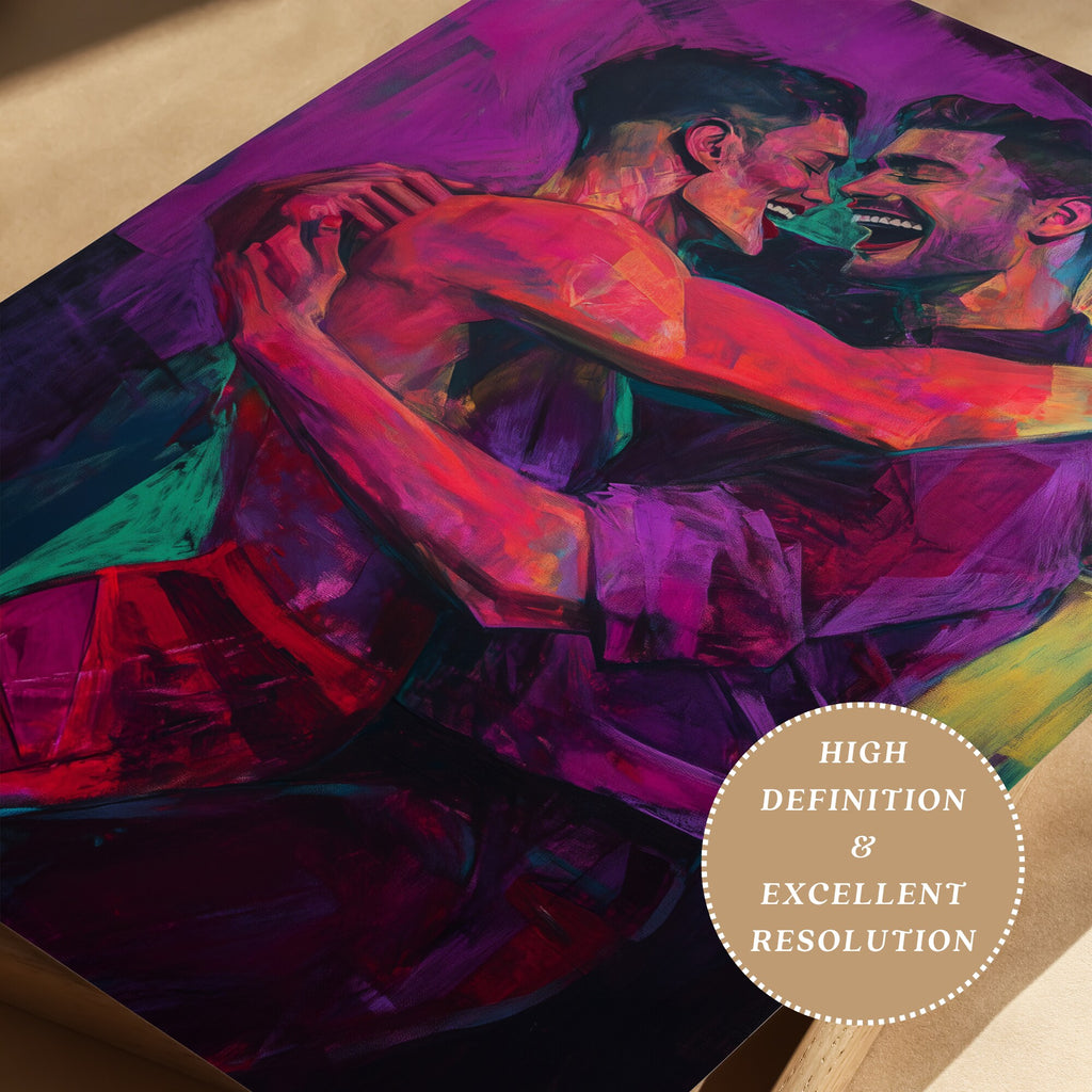 Printable gay couple wall art in a queer eclectic neon style for Pride Month decor, LGBTQIA+ spaces, gallery walls, and inclusive home decor.