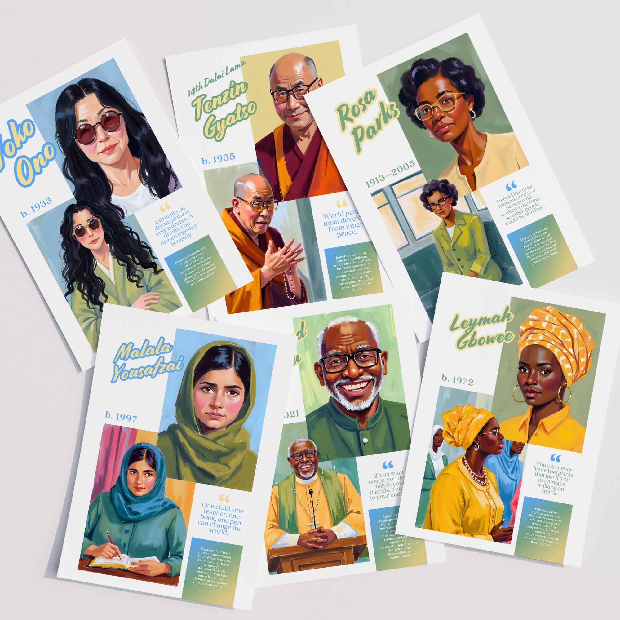 Printable peace advocates poster set of 60 featuring world leaders, famous inspirational quotes, history classroom decor, and bulletin board displays.