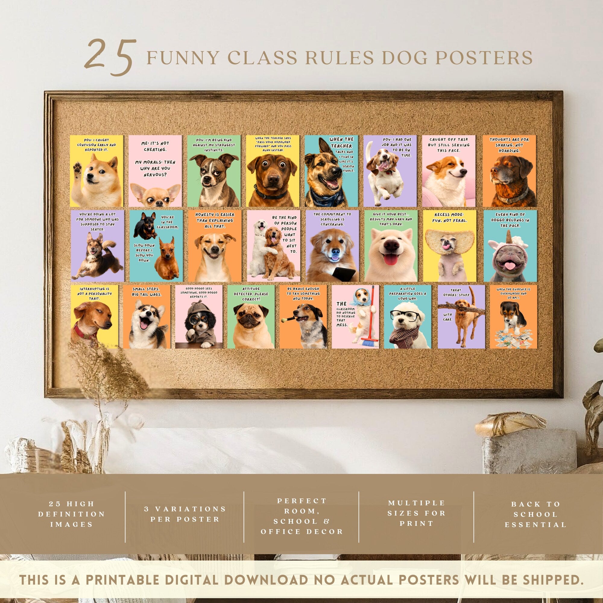 Printable funny class rules dog meme posters for middle school and high school classroom decor, teacher bulletin boards, and playful displays.