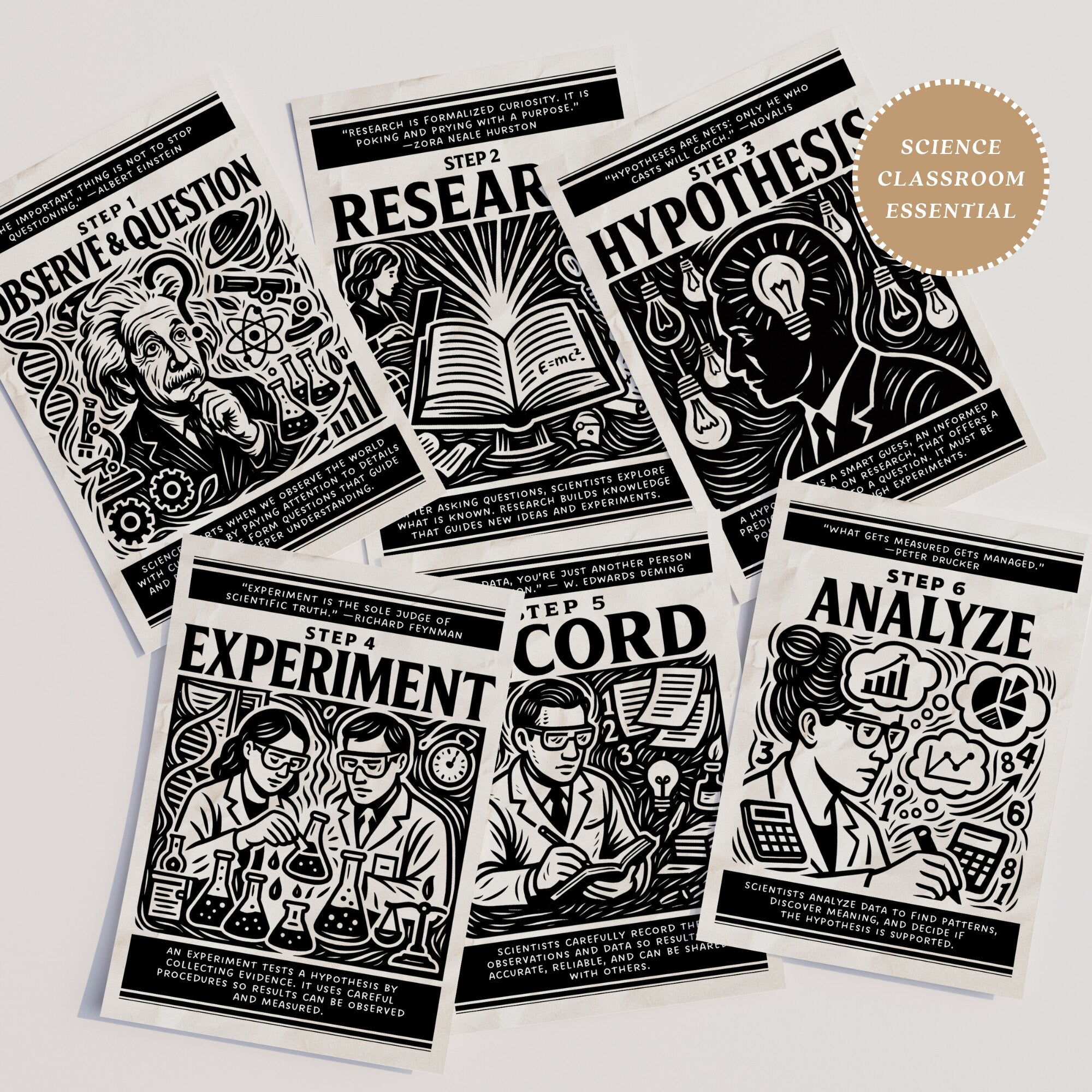 Printable scientific method poster set of 10 for science classroom decor, laboratory displays, middle school, high school, and homeschool learning.