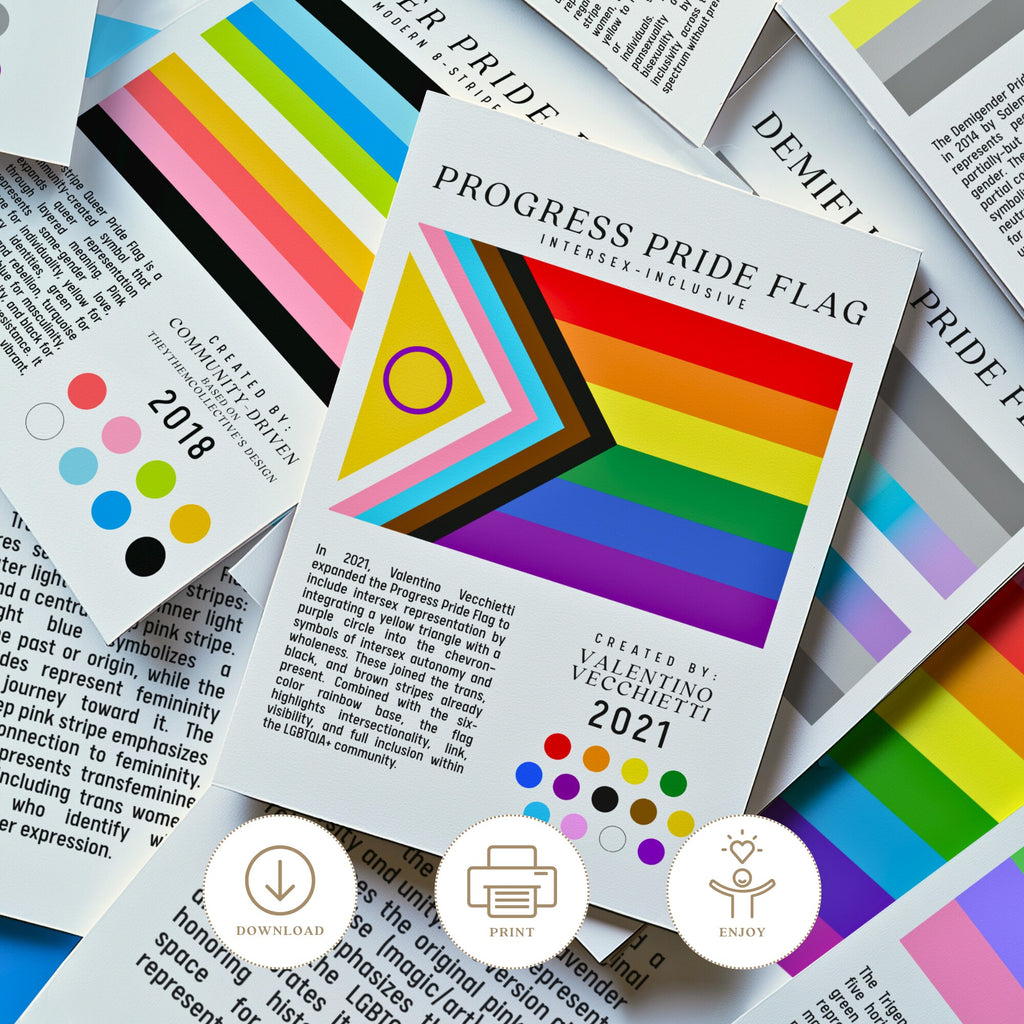 Printable Pride Flags poster set of 80 for Pride Month classroom decor, LGBTQ history displays, June bulletin boards, and inclusive spaces.