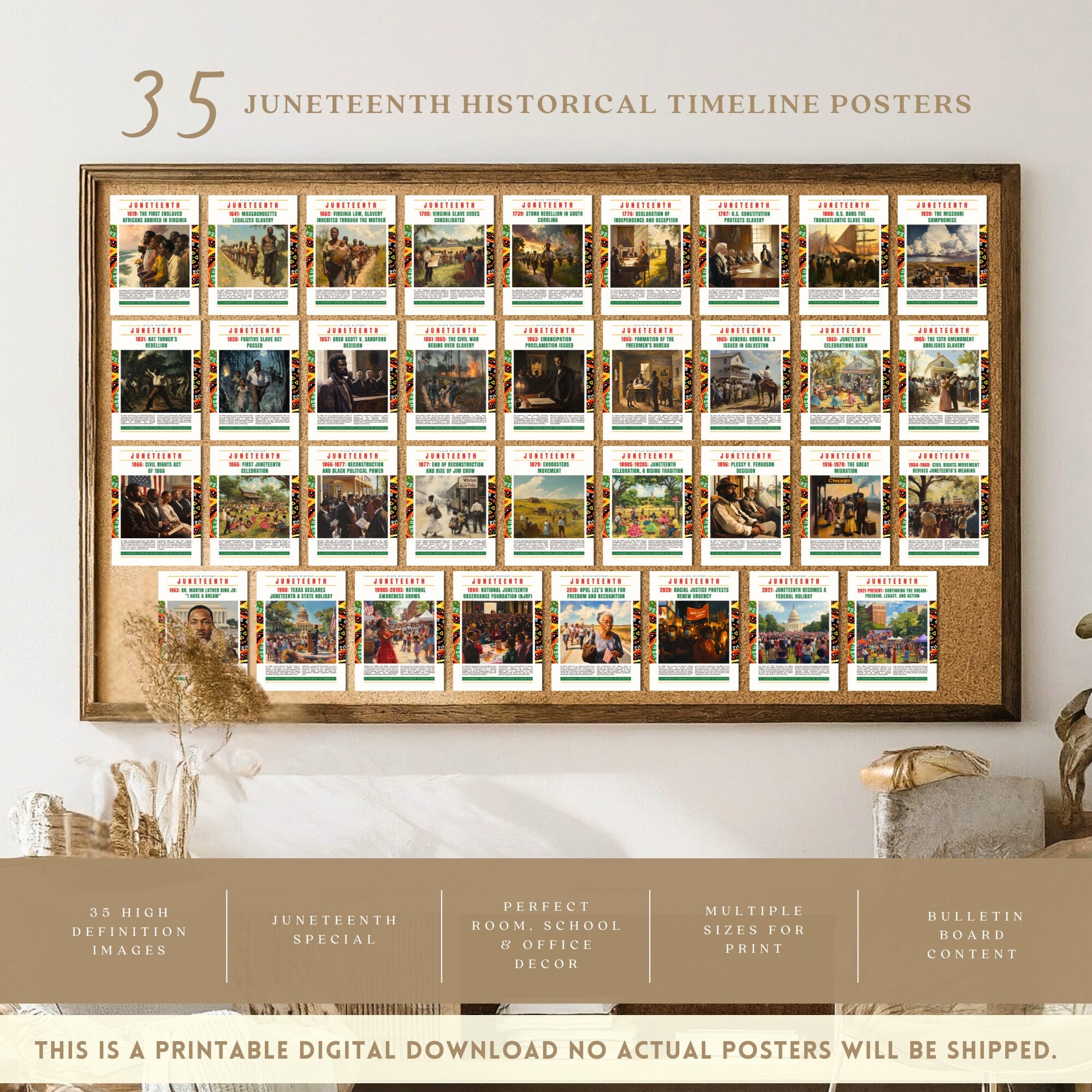 Printable Juneteenth poster set of 35 featuring history, timeline, freedom art, June bulletin board decor, and classroom display pieces.