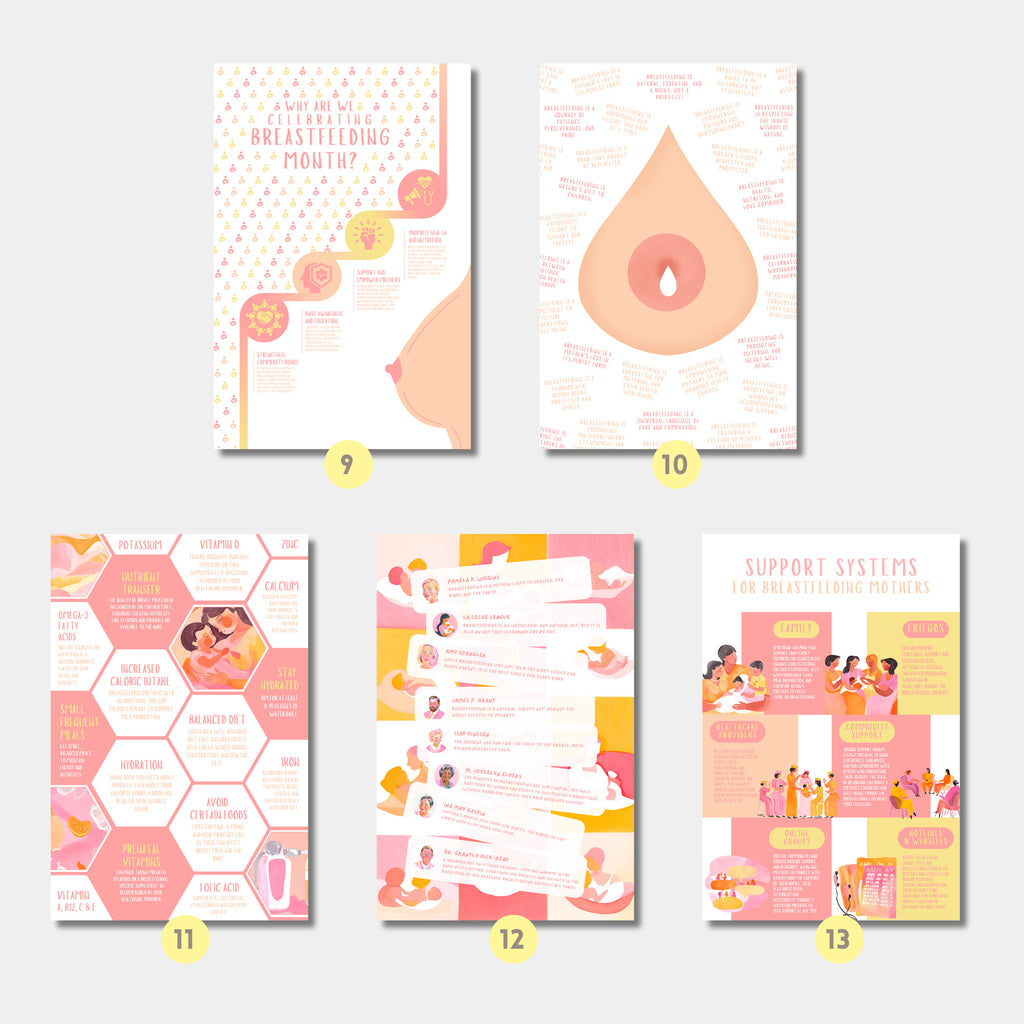 Printable breastfeeding awareness posters set of 25 for clinics, lactation consultants, National Breastfeeding Month, mom support spaces, and displays.