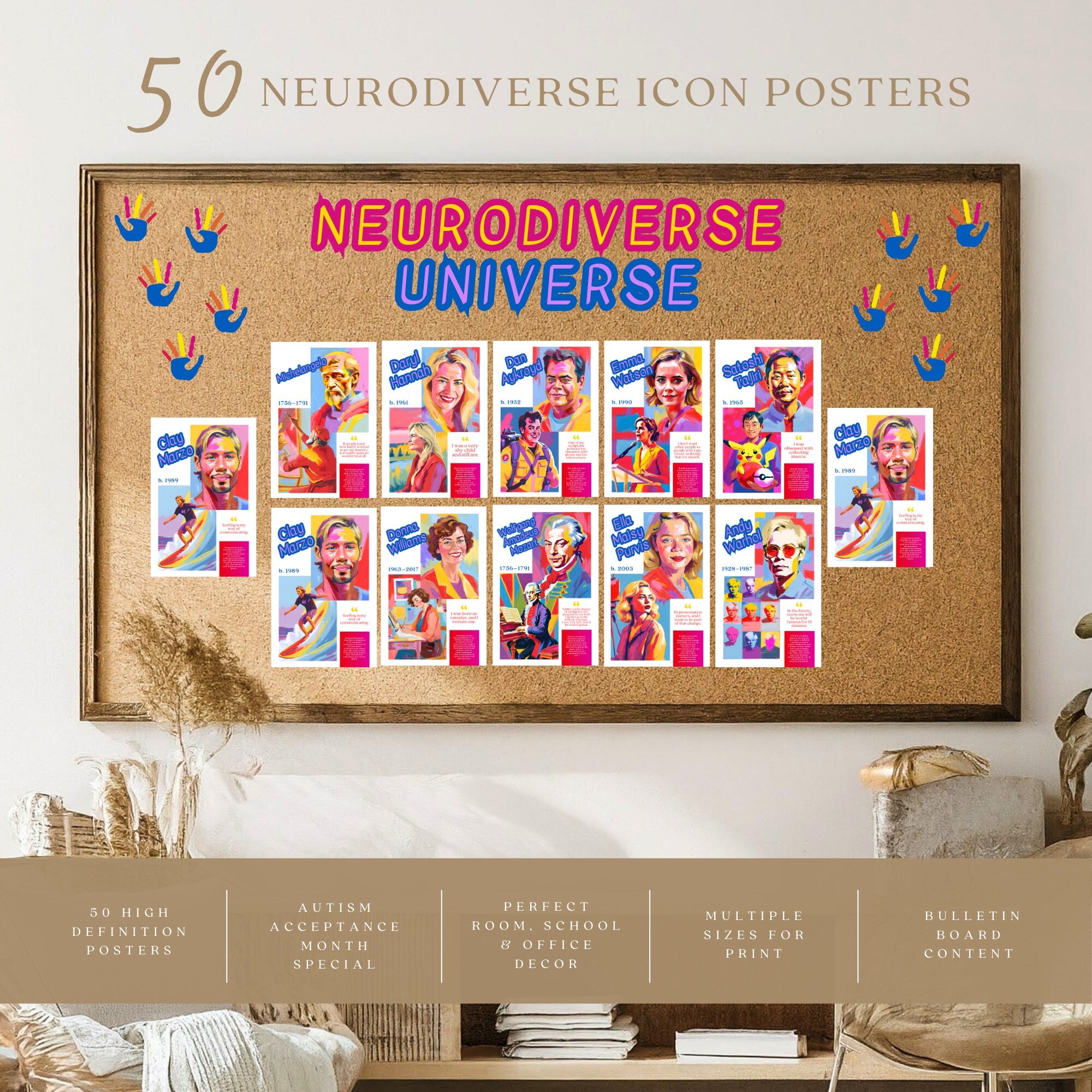 Printable neurodiverse icons poster set of 50 for Autism Acceptance Month, neurodiversity classroom decor, bulletin boards, and inclusive educational displays.