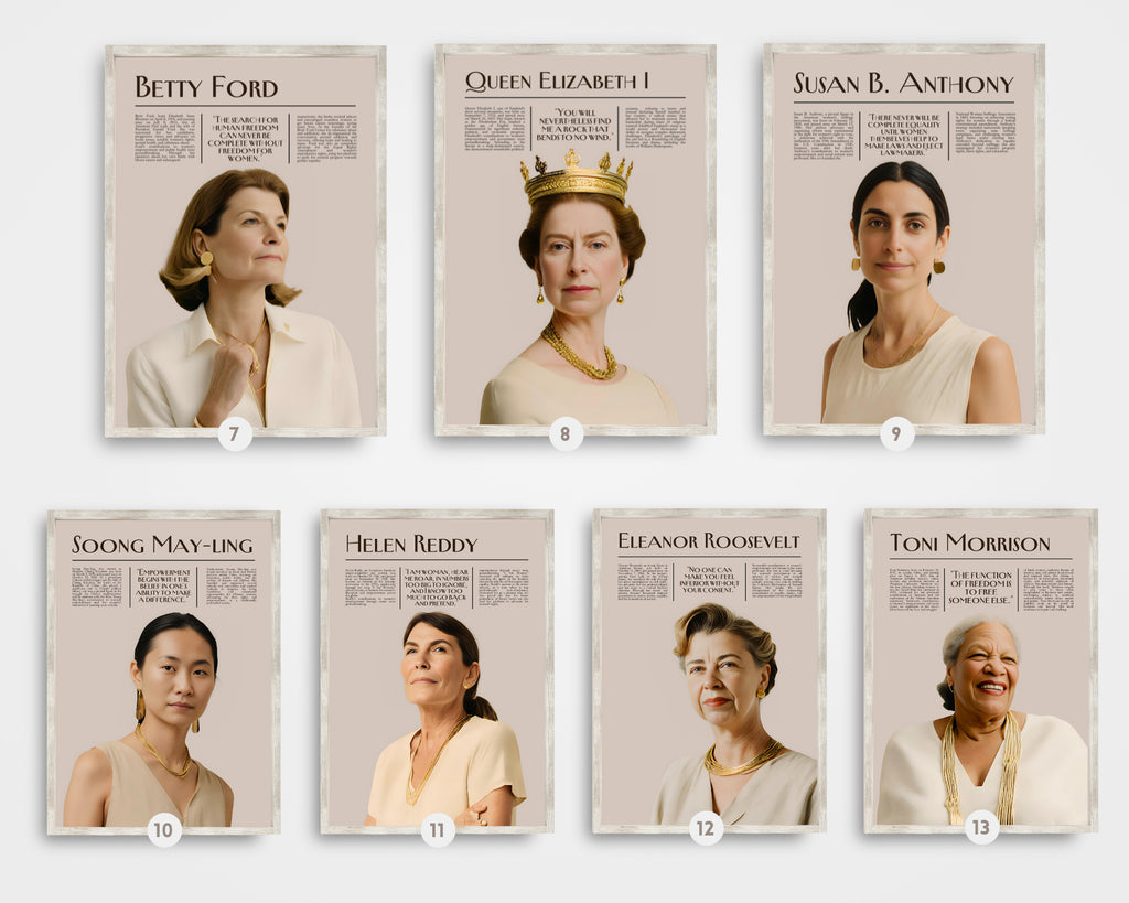 Printable Women’s History Month poster set of 25 featuring inspirational changemakers and quotes. Perfect for classroom decor, bulletin boards, and displays.