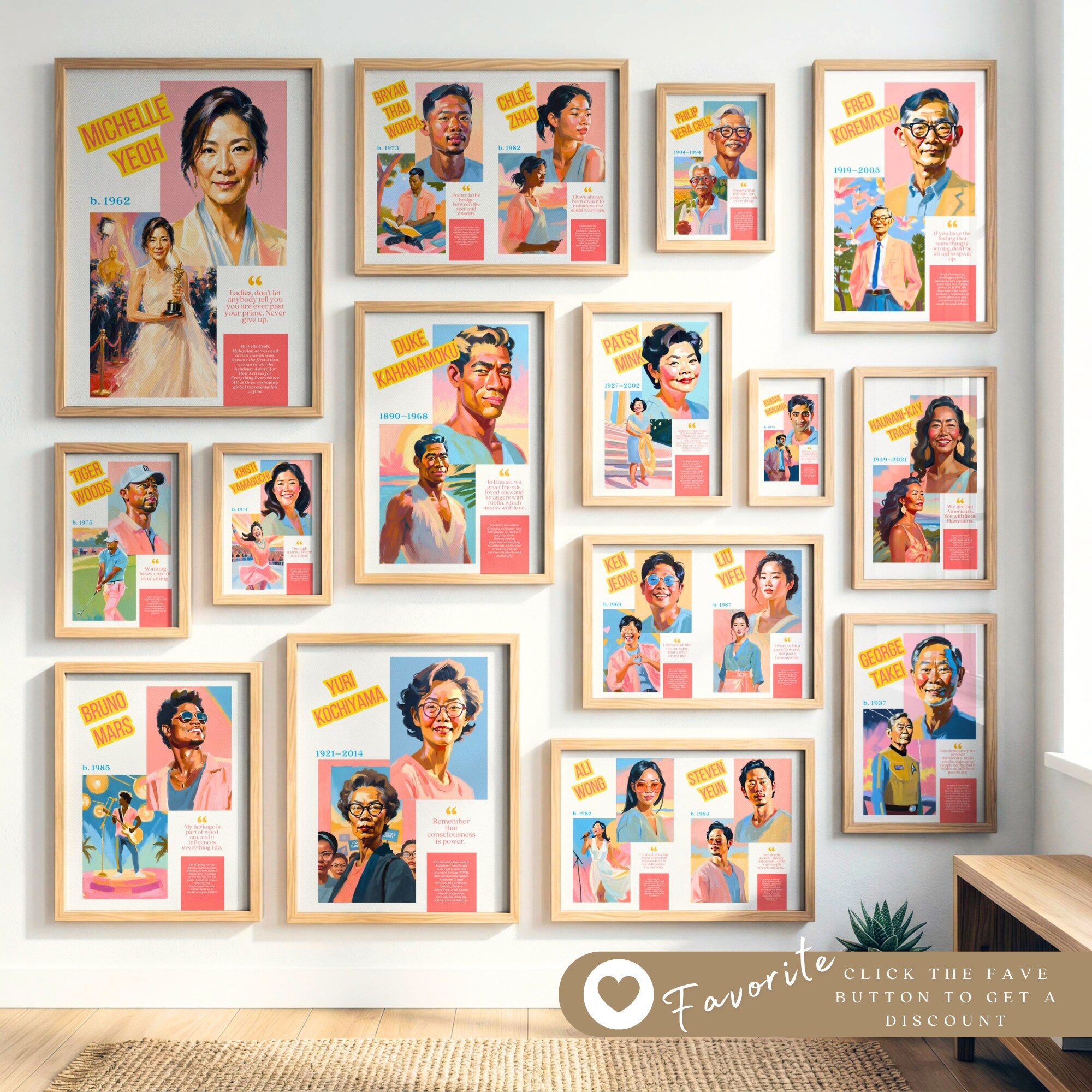 Printable AAPI Heritage Month poster set of 50 featuring Asian American and Pacific Islander icons for classroom decor and bulletin boards.