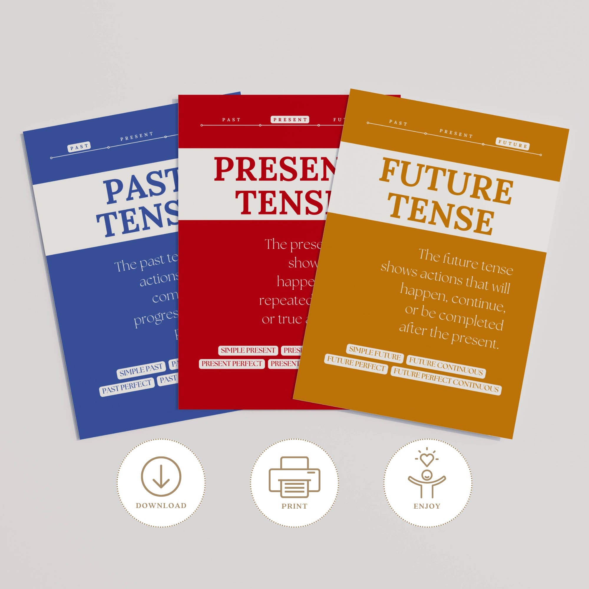 Printable verb tenses poster set of 15 for English grammar lessons, ELA classrooms, homeschool spaces, bulletin boards, and writing displays.