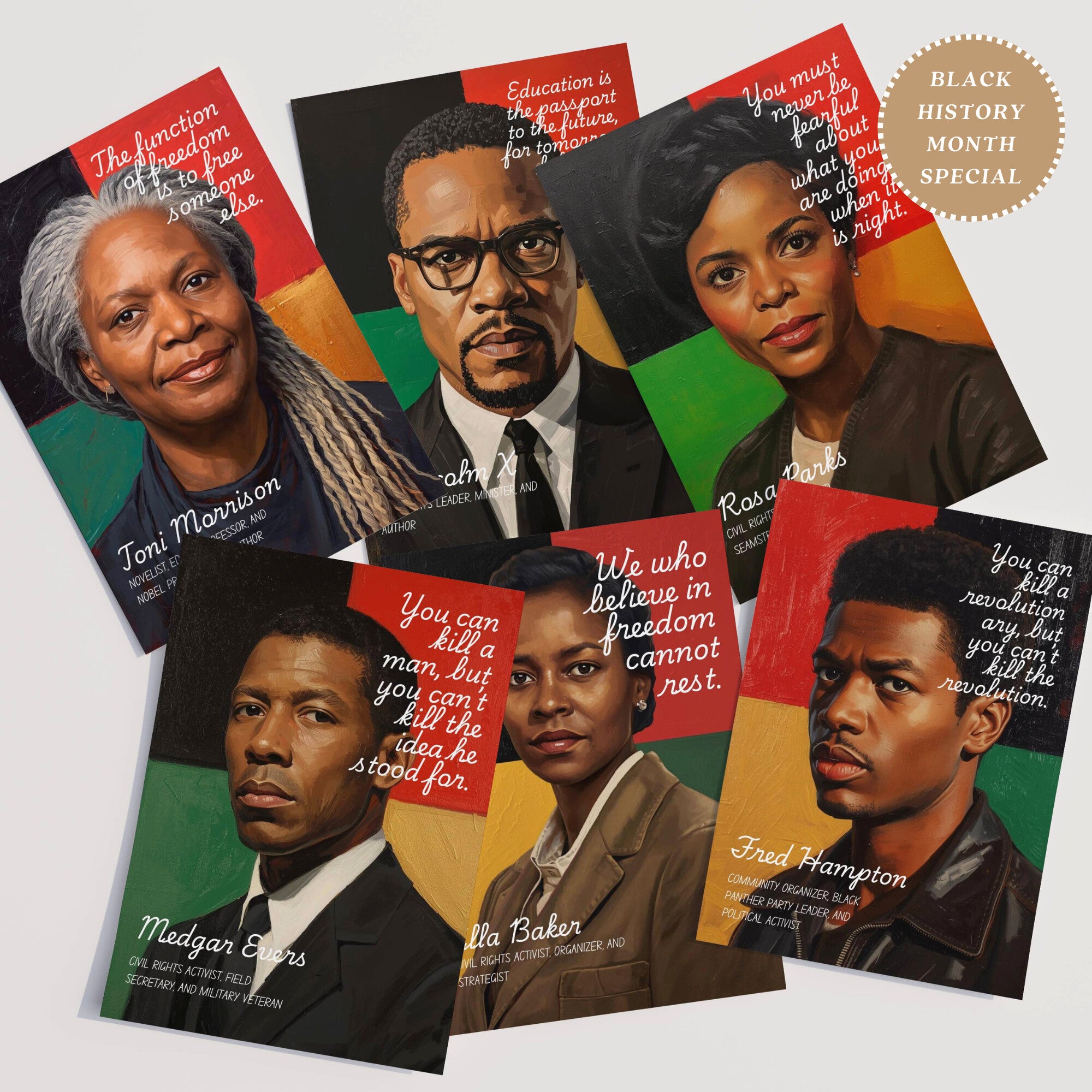 Printable Black History Month quotes poster set of 40+ featuring African American and African heritage icons for classroom decor and bulletin boards.