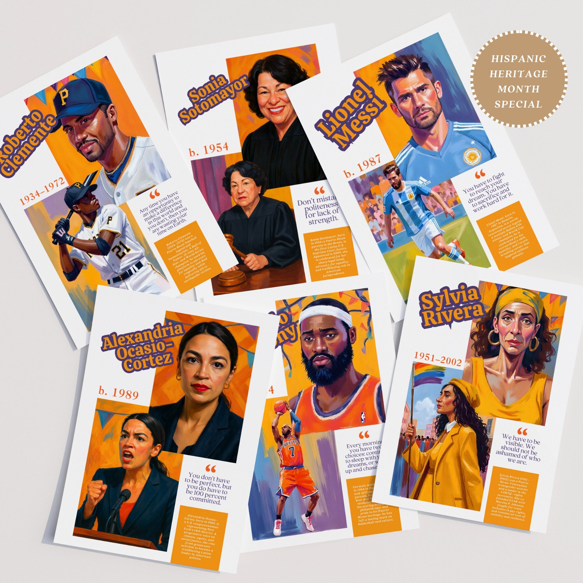 Printable Hispanic Heritage Month poster set of 80 featuring history quotes, classroom decor, bulletin board displays, and educational