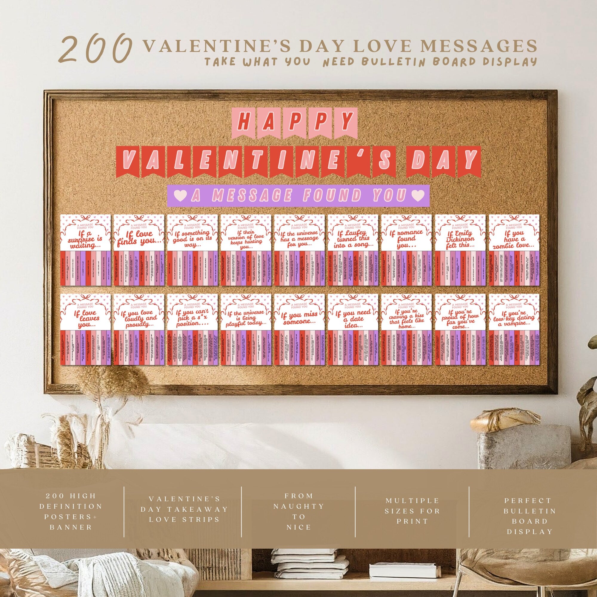 Printable Valentine’s Day takeaway quotes set of 200 with love affirmations for February bulletin boards, classroom activities, and wall displays.