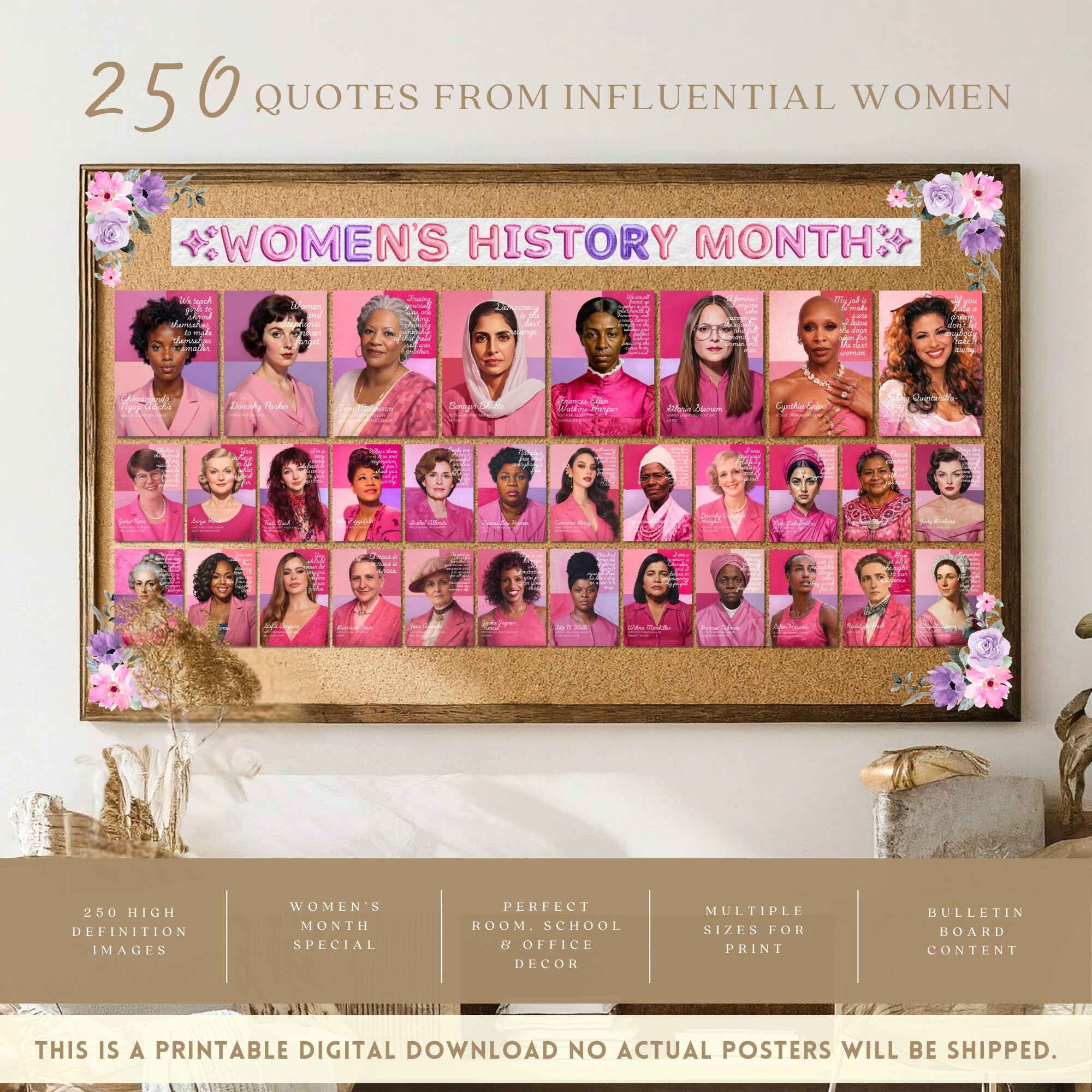 Printable Women’s History Month mega bundle with 250 iconic women posters, inspirational quotes, and classroom decor for March bulletin boards.