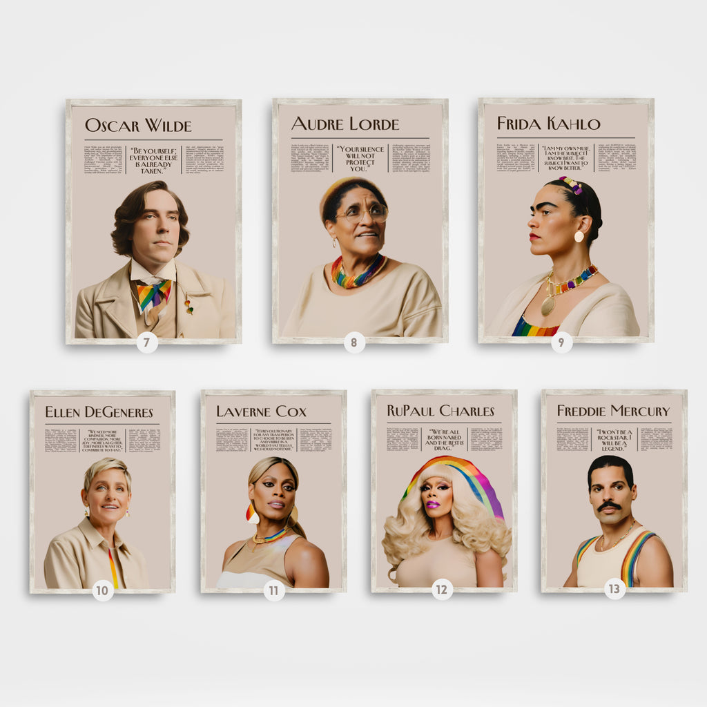 Printable Pride Month poster set of 25 featuring LGBT icons, LGBTQIA+ history, queer quotes, SOGIE displays, and inclusive classroom decor.