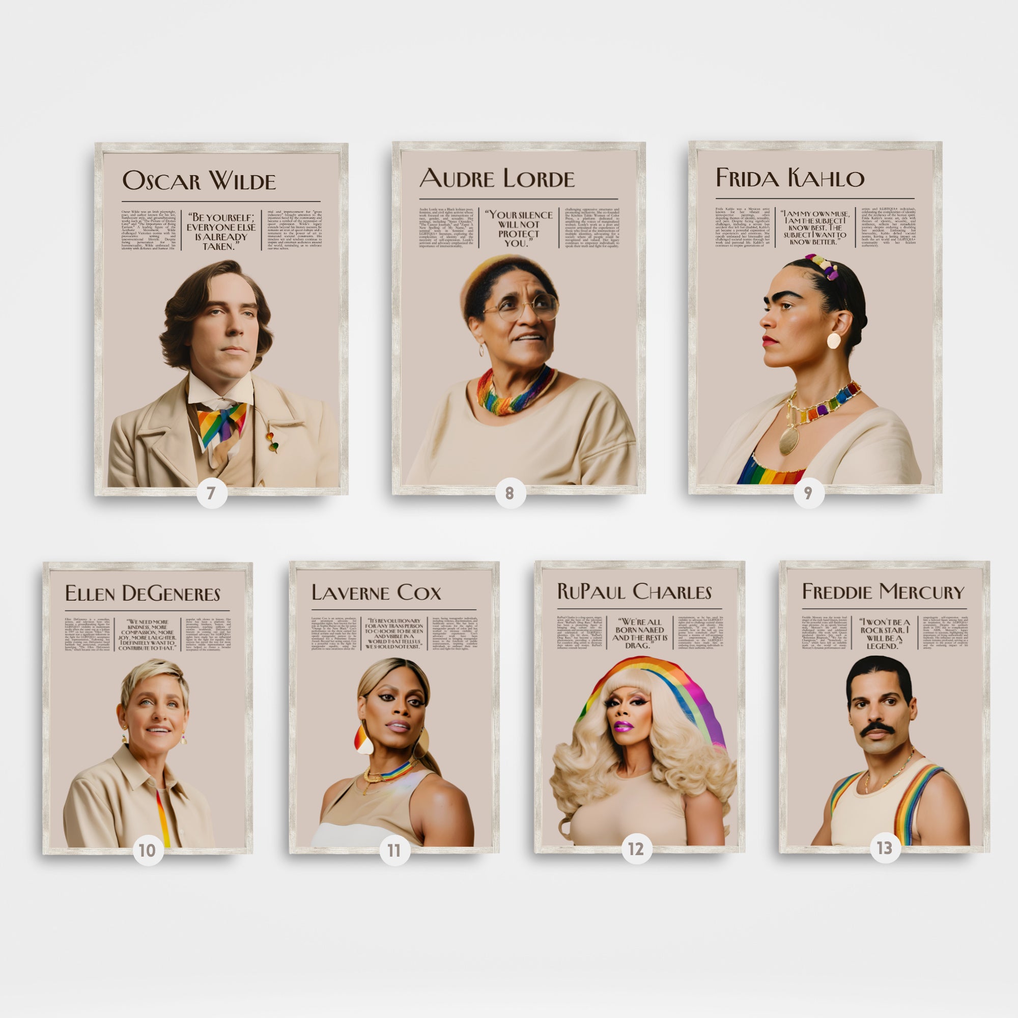 Printable Pride Month poster set of 25 featuring LGBT icons, LGBTQIA+ history, queer quotes, SOGIE displays, and inclusive classroom decor.
