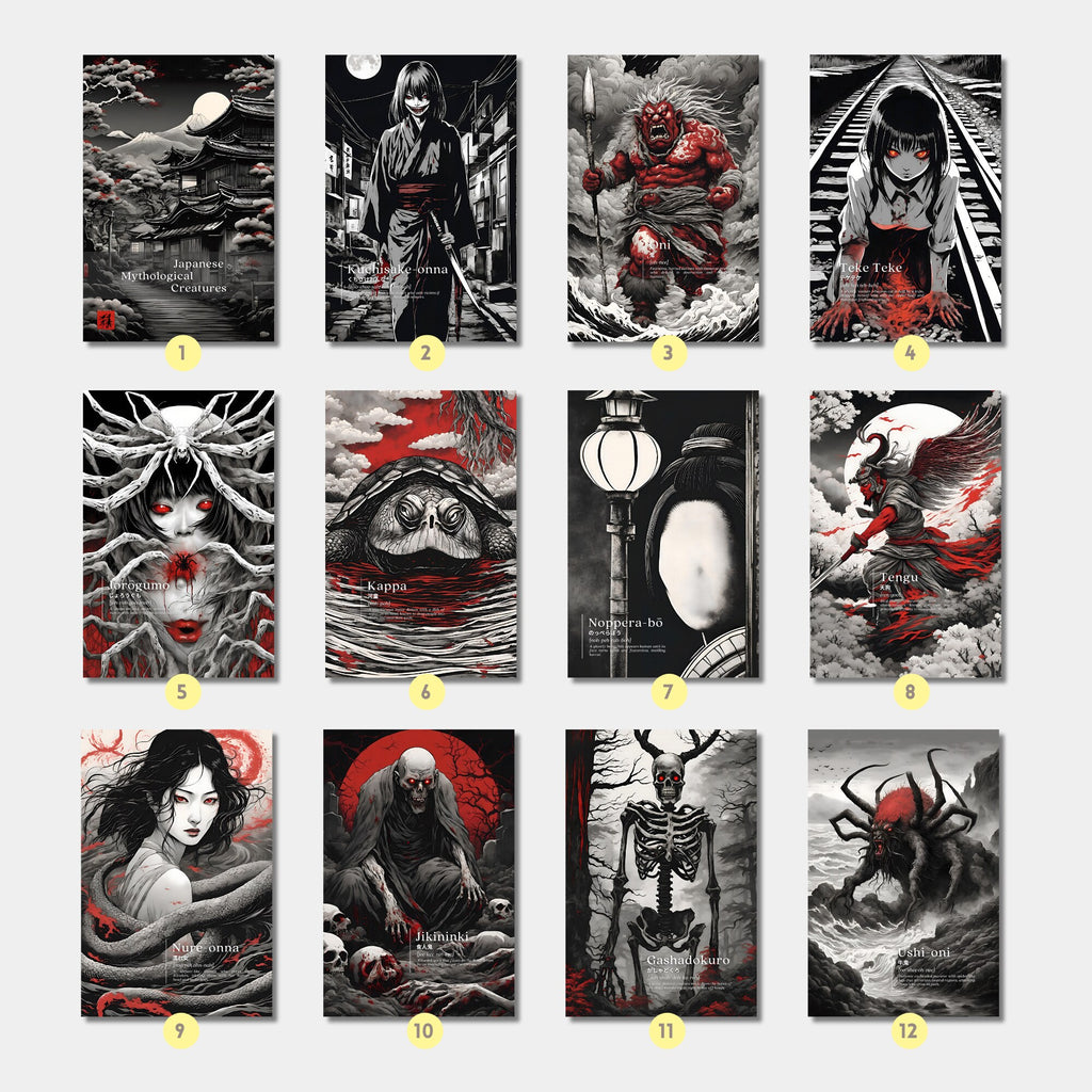 Printable Japanese mythological creatures poster set of 20 for Halloween decor, Japan horror wall art, dark fall displays, and spooky gothic gallery walls.