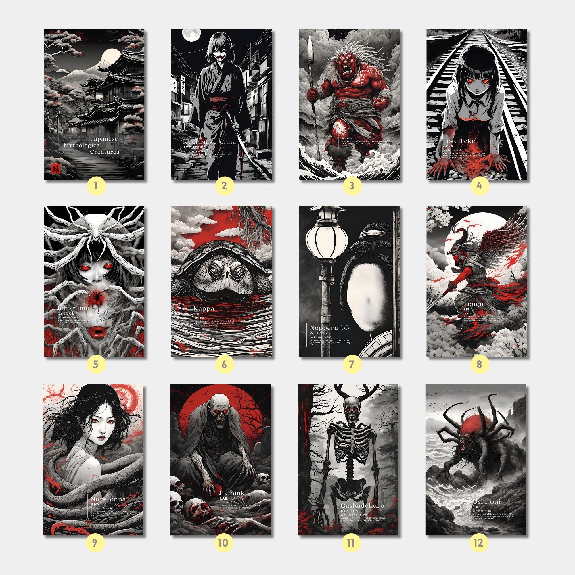 Printable Japanese mythological creatures poster set of 20 for Halloween decor, Japan horror wall art, dark fall displays, and spooky gothic gallery walls.