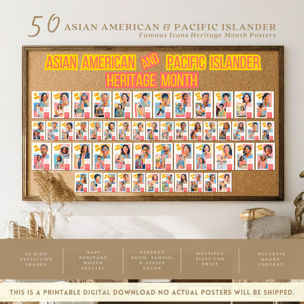 Printable AAPI Heritage Month poster set of 50 featuring Asian American and Pacific Islander icons for classroom decor and bulletin boards.
