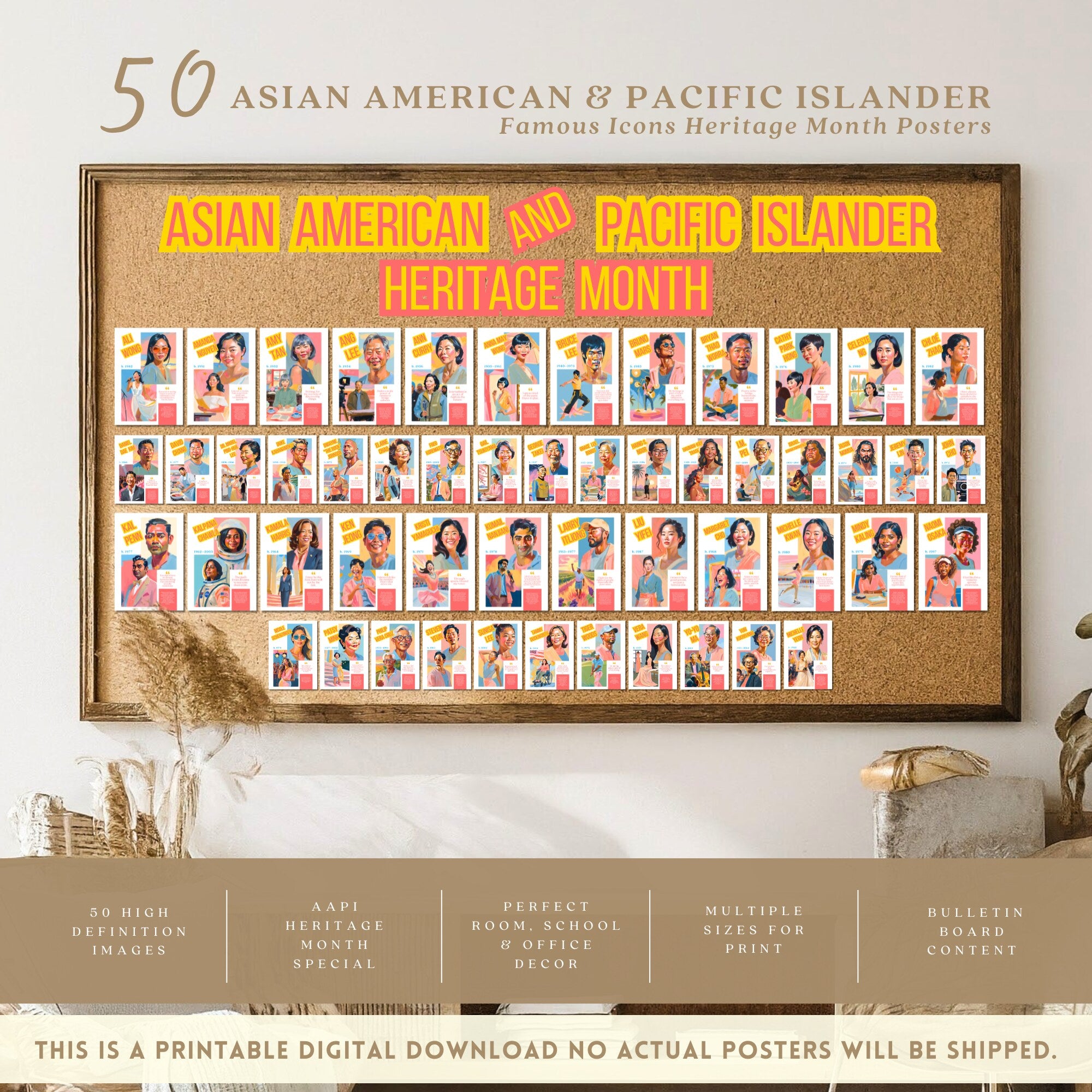 Printable AAPI Heritage Month poster set of 50 featuring Asian American and Pacific Islander icons for classroom decor and bulletin boards.