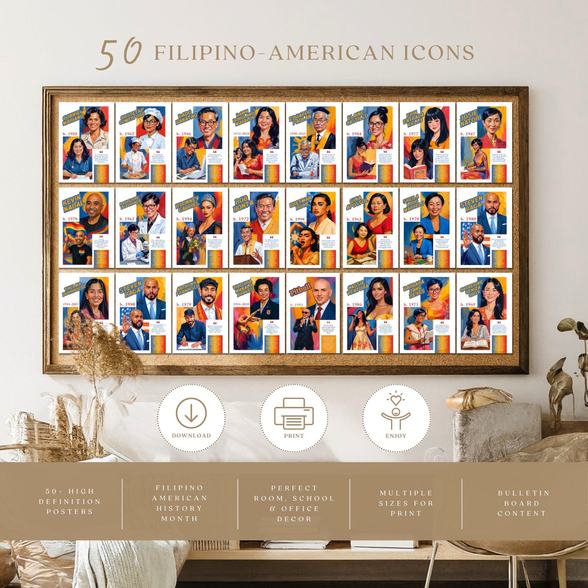 Printable Filipino American History Month poster set of 50 for October bulletin boards, classroom decor, history lessons, and cultural displays.