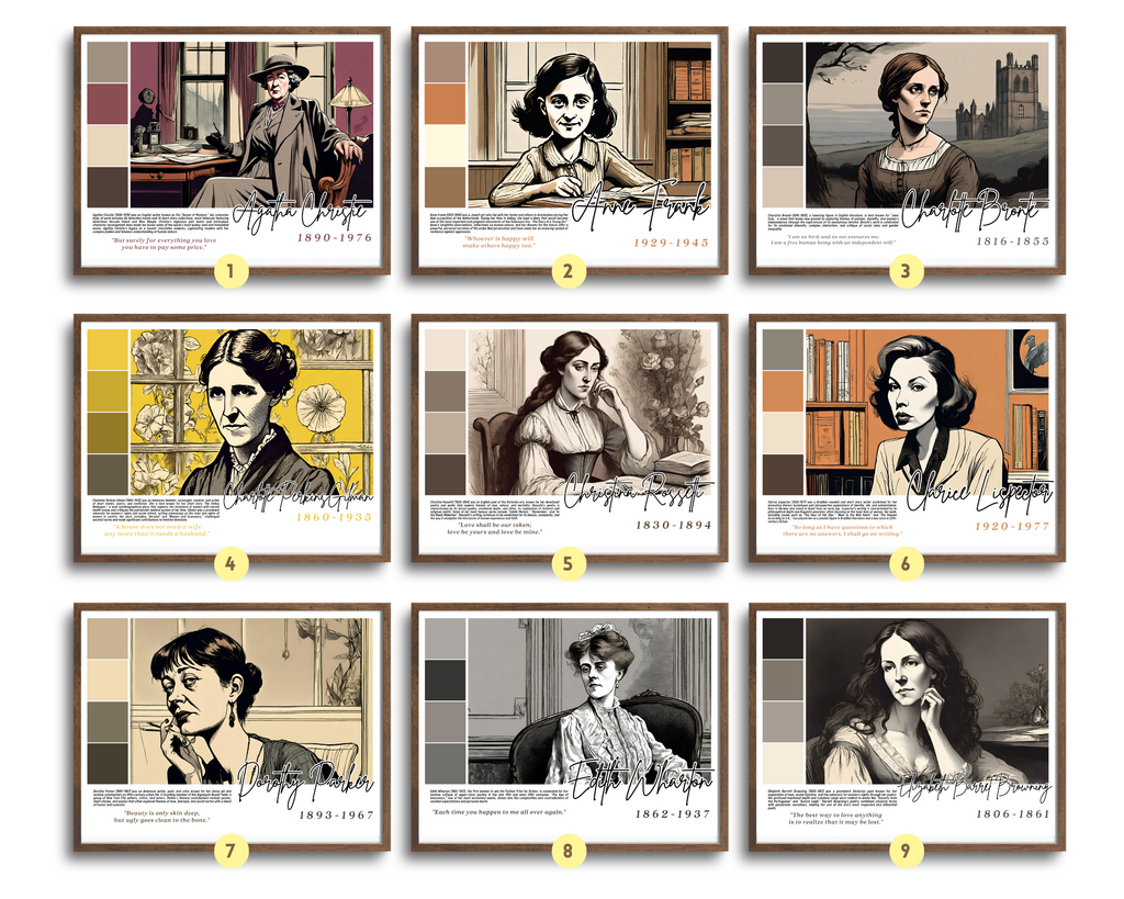 Printable Women in Literature poster set of 30 featuring famous writers, quotes, and achievements. Perfect for Women’s History Month classroom decor.