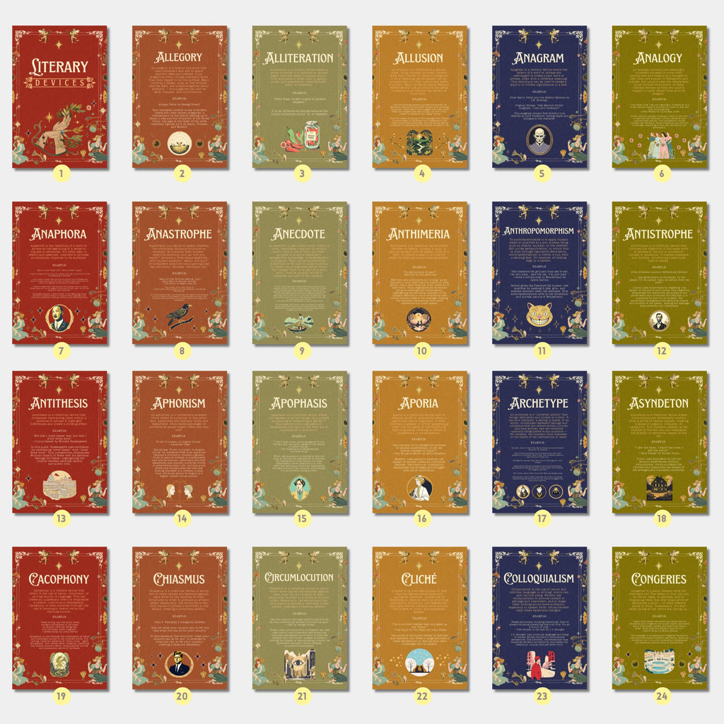Printable literary devices poster set of 90+ for English classroom decor, ELA bulletin boards, literary elements displays, and wall art.