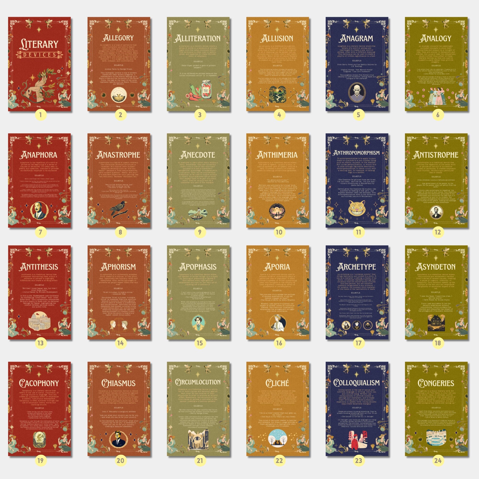 Printable literary devices poster set of 90+ for English classroom decor, ELA bulletin boards, literary elements displays, and wall art.