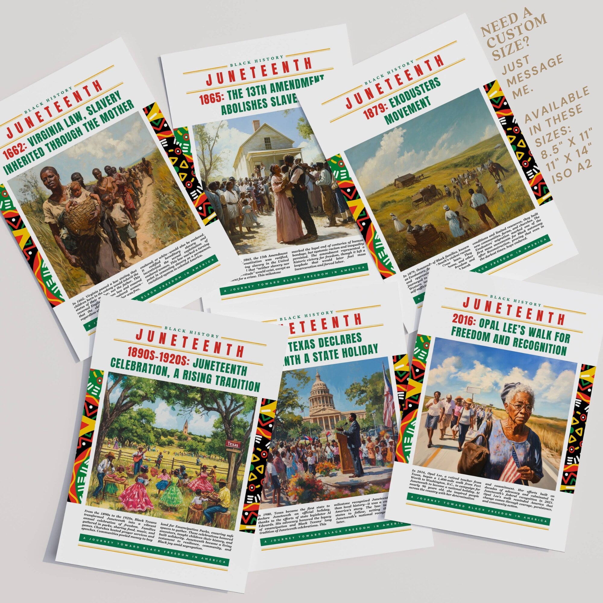 Printable Juneteenth poster set of 35 featuring history, timeline, freedom art, June bulletin board decor, and classroom display pieces.