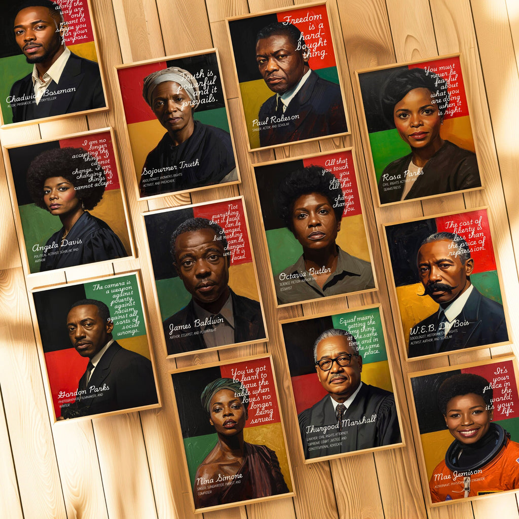 Printable Black History Month quotes poster set of 40+ featuring African American and African heritage icons for classroom decor and bulletin boards.