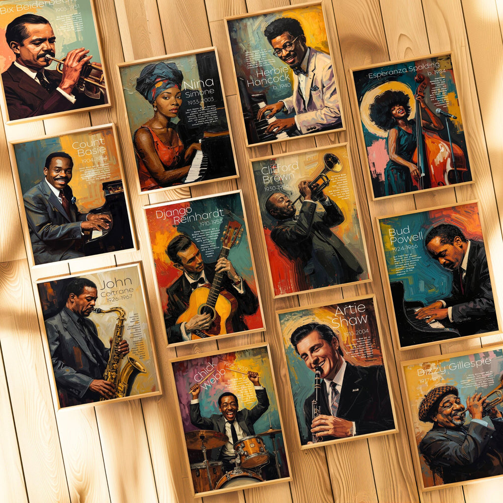 Printable jazz artists poster set of 50 for music classroom decor, music rooms, studio displays, gallery walls, and educational bulletin boards.