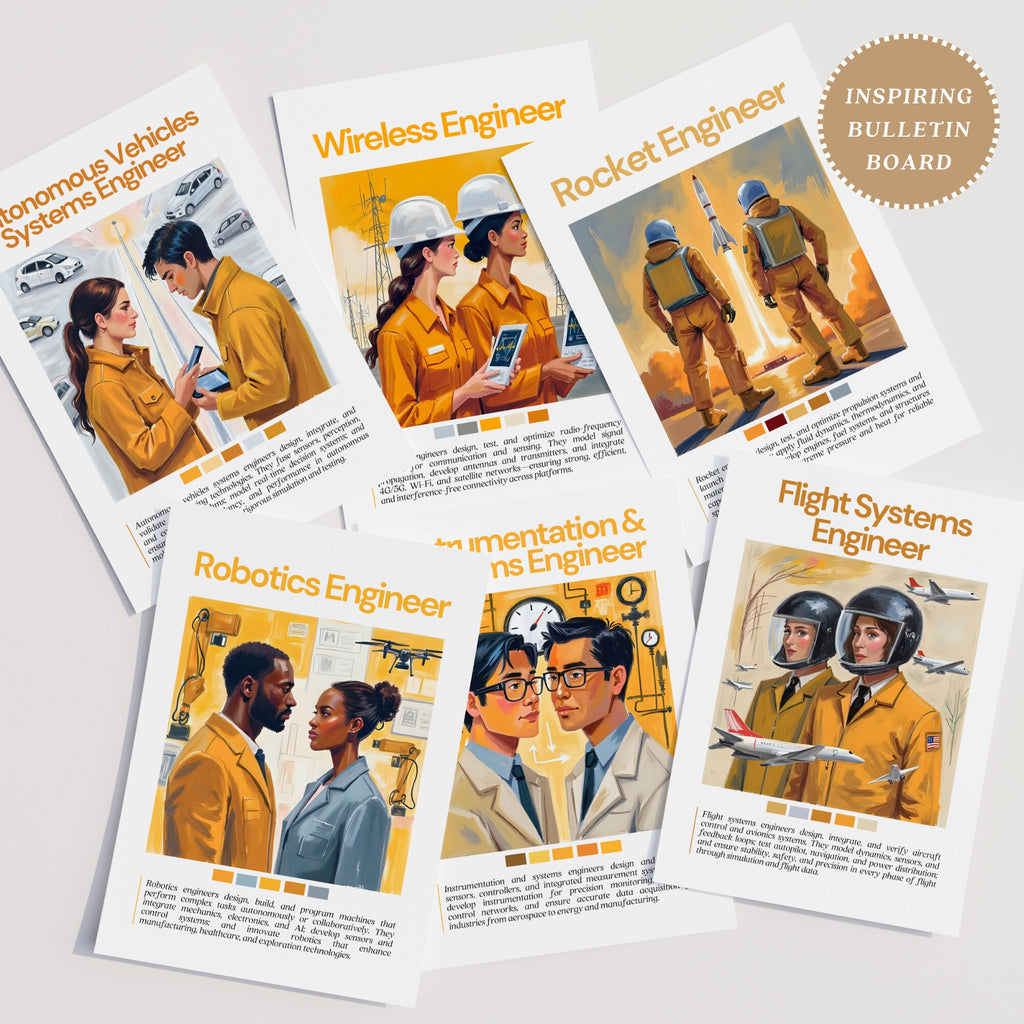 Printable engineering careers poster set of 70 for STEM classroom decor, career exploration, bulletin boards, homeschool spaces, and displays.