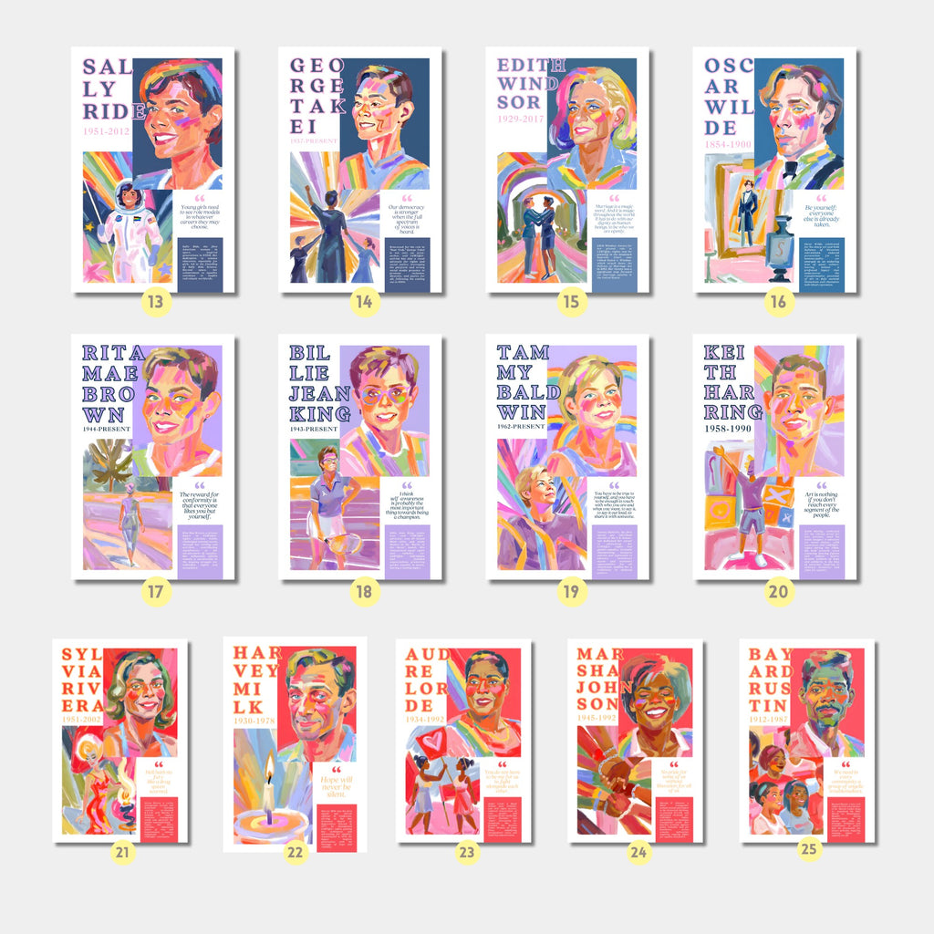 Printable Pride Month poster set of 25 featuring LGBT icons, LGBTQIA+ history, queer quotes, SOGIE displays, and rainbow minimalist decor.