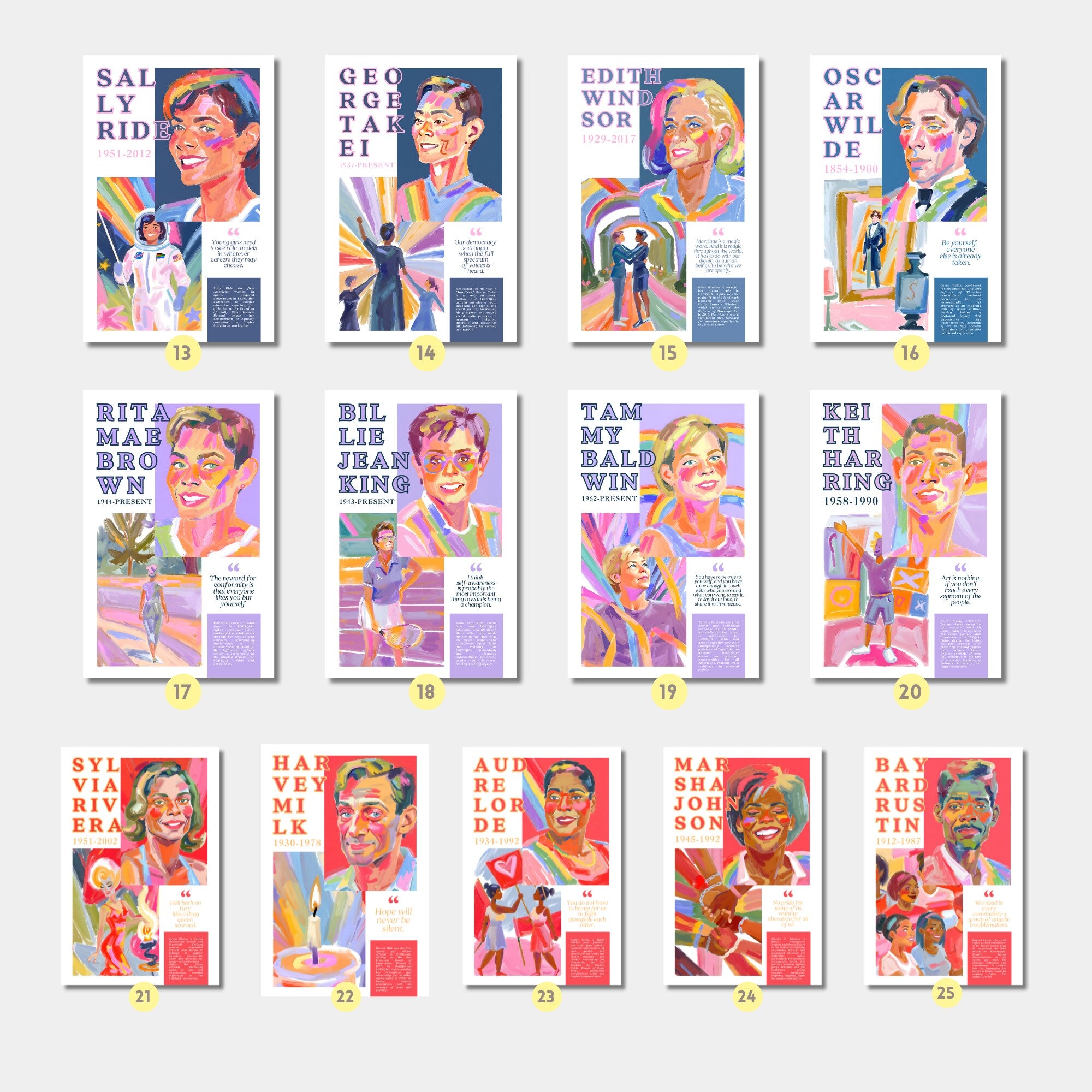 Printable Pride Month poster set of 25 featuring LGBT icons, LGBTQIA+ history, queer quotes, SOGIE displays, and rainbow minimalist decor.