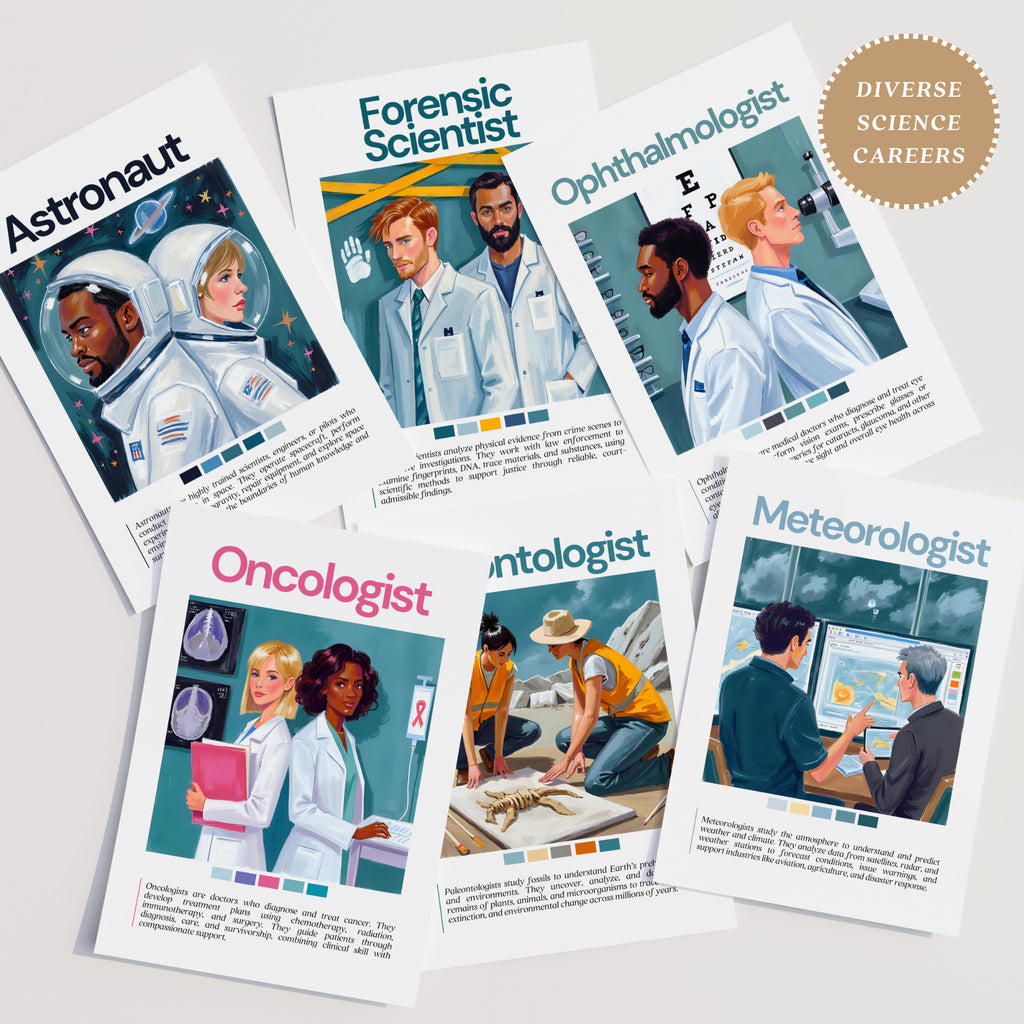 Printable science careers poster set of 100 for STEM classroom decor, career exploration, bulletin boards, homeschool spaces, and wall displays.