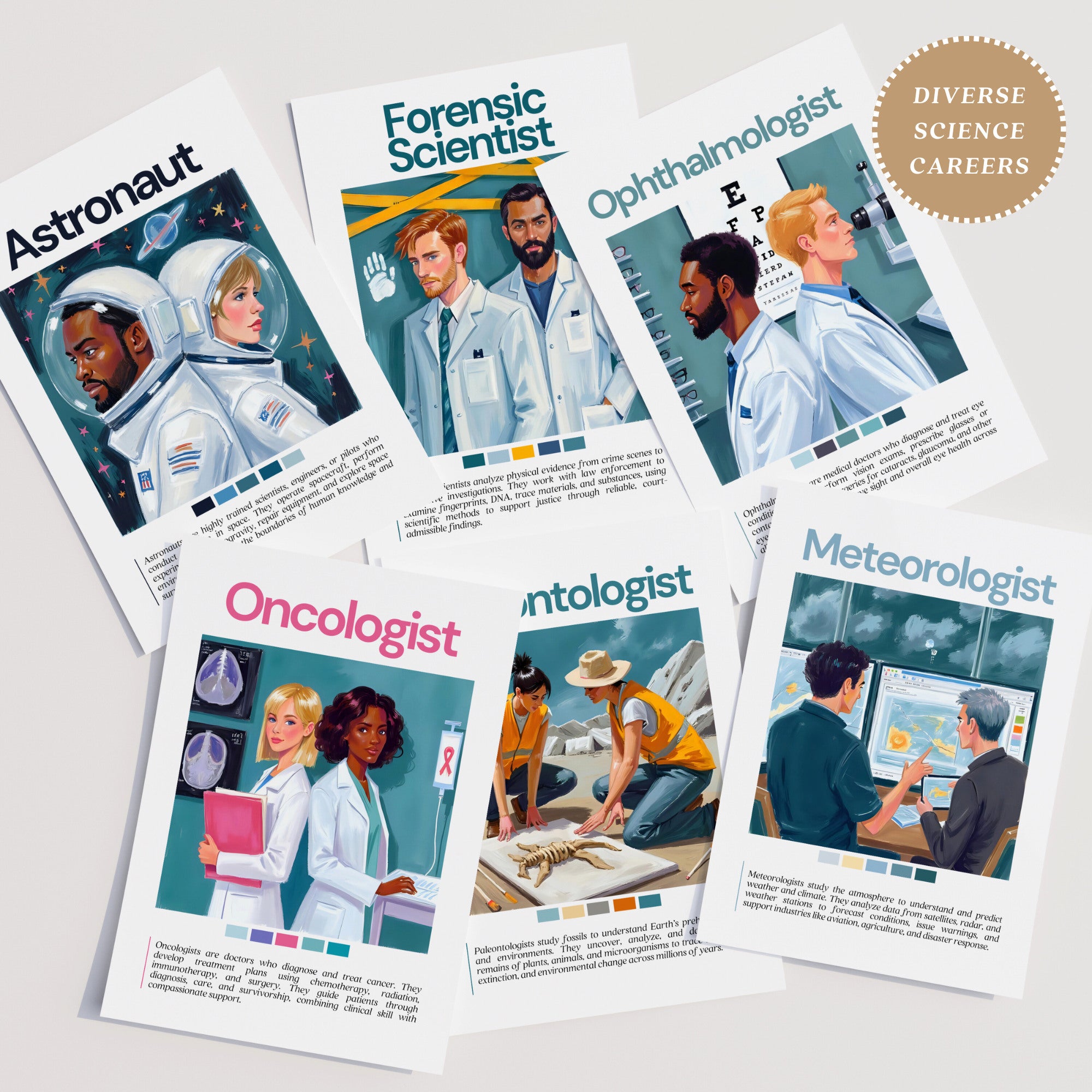 Printable science careers poster set of 100 for STEM classroom decor, career exploration, bulletin boards, homeschool spaces, and wall displays.