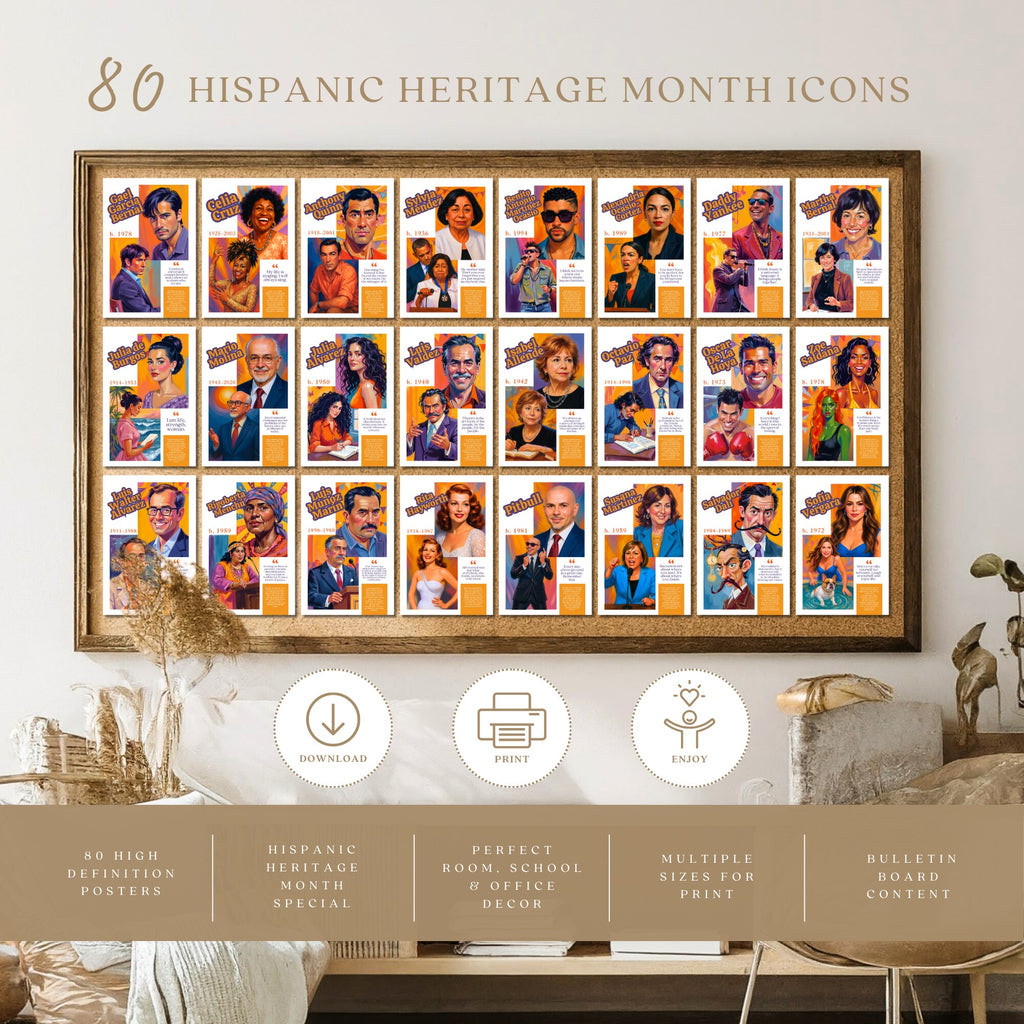 Printable Hispanic Heritage Month poster set of 80 featuring history quotes, classroom decor, bulletin board displays, and educational