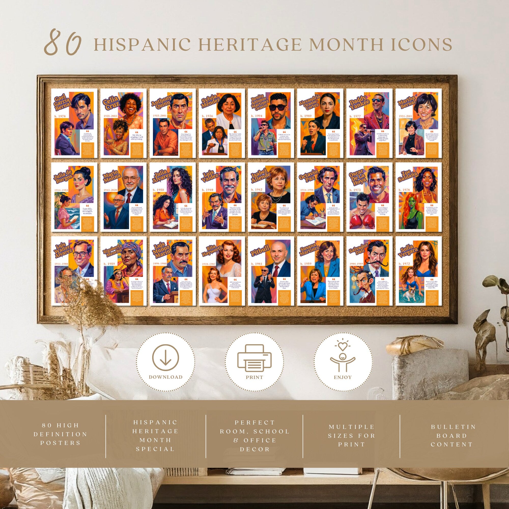 Printable Hispanic Heritage Month poster set of 80 featuring history quotes, classroom decor, bulletin board displays, and educational