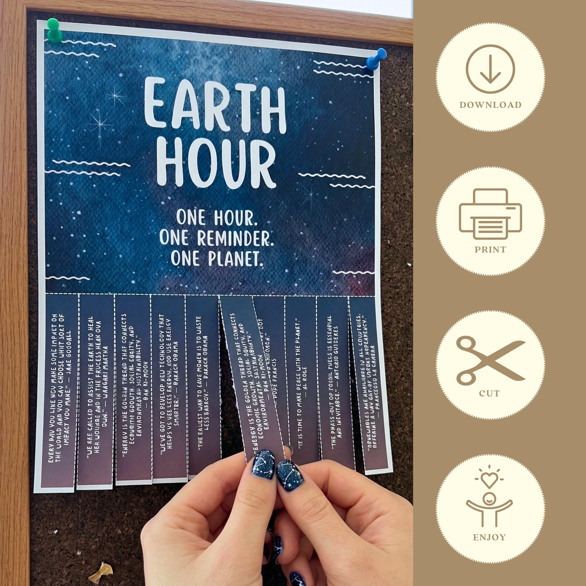 Printable Earth Hour poster set of 30 for climate change awareness, March bulletin boards, classroom decor, sustainability lessons, and displays.