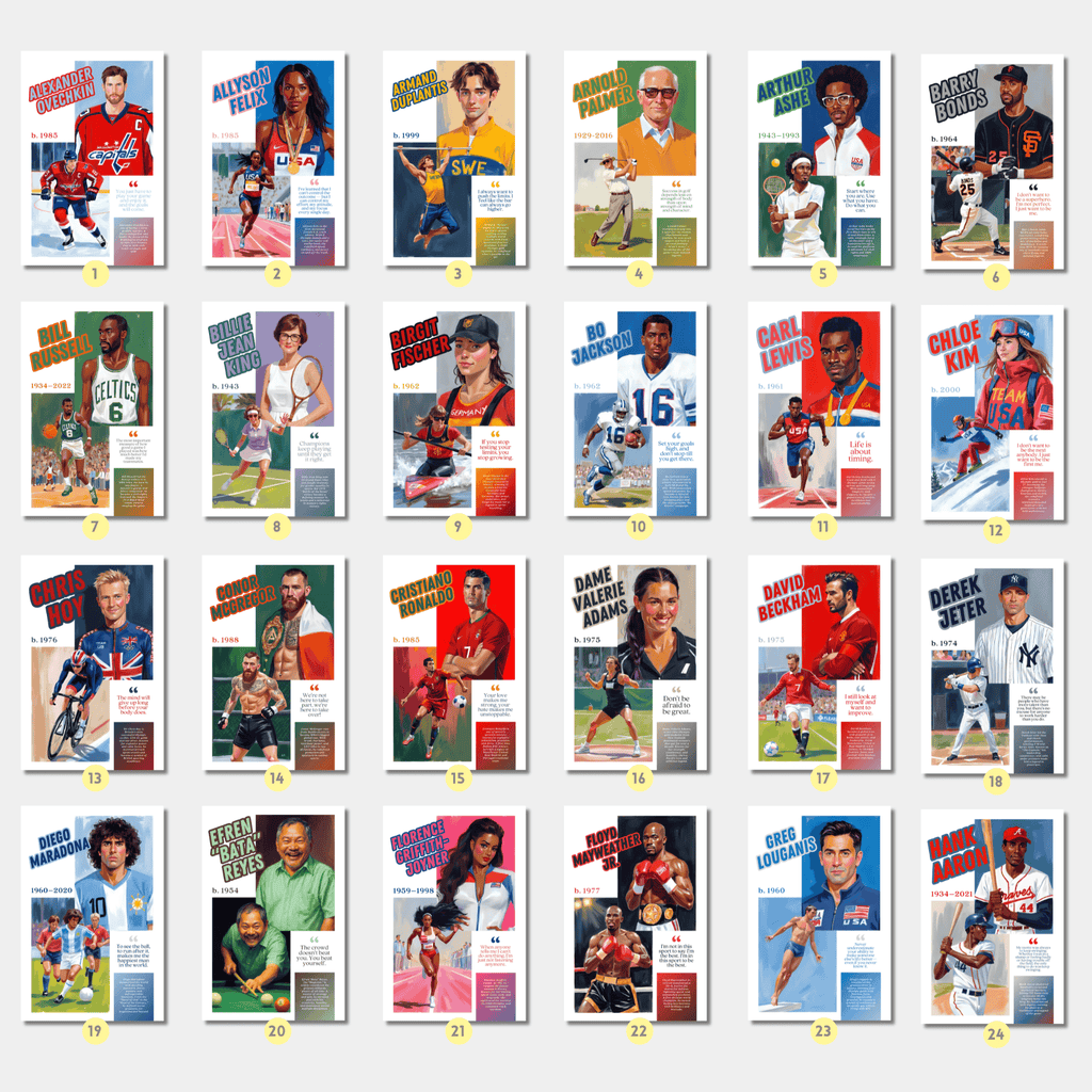 Printable famous athletes poster set of 100 featuring sports mindset quotes for PE classroom decor, gym walls, bulletin boards, and displays.